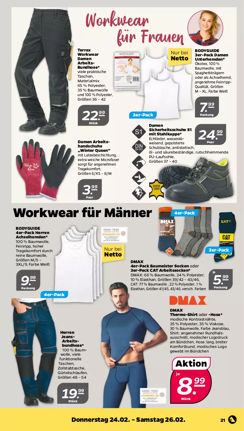 Aktueller Prospekt Netto - Angebote ab Montag - von 21.02 bis 26.02.2022 - strona 21 - produkty: achselhemd, Arbeitssocken, Bau, baumwolle, body, Brei, eis, elle, handschuhe, hemd, hemden, hose, jeans, Laufen, Meister, reine baumwolle, Ria, schuhe, shirt, socken, spaghetti, Tasche, taschen, Ti, tisch, Unterhemd, unterhemden, wasser, wolle