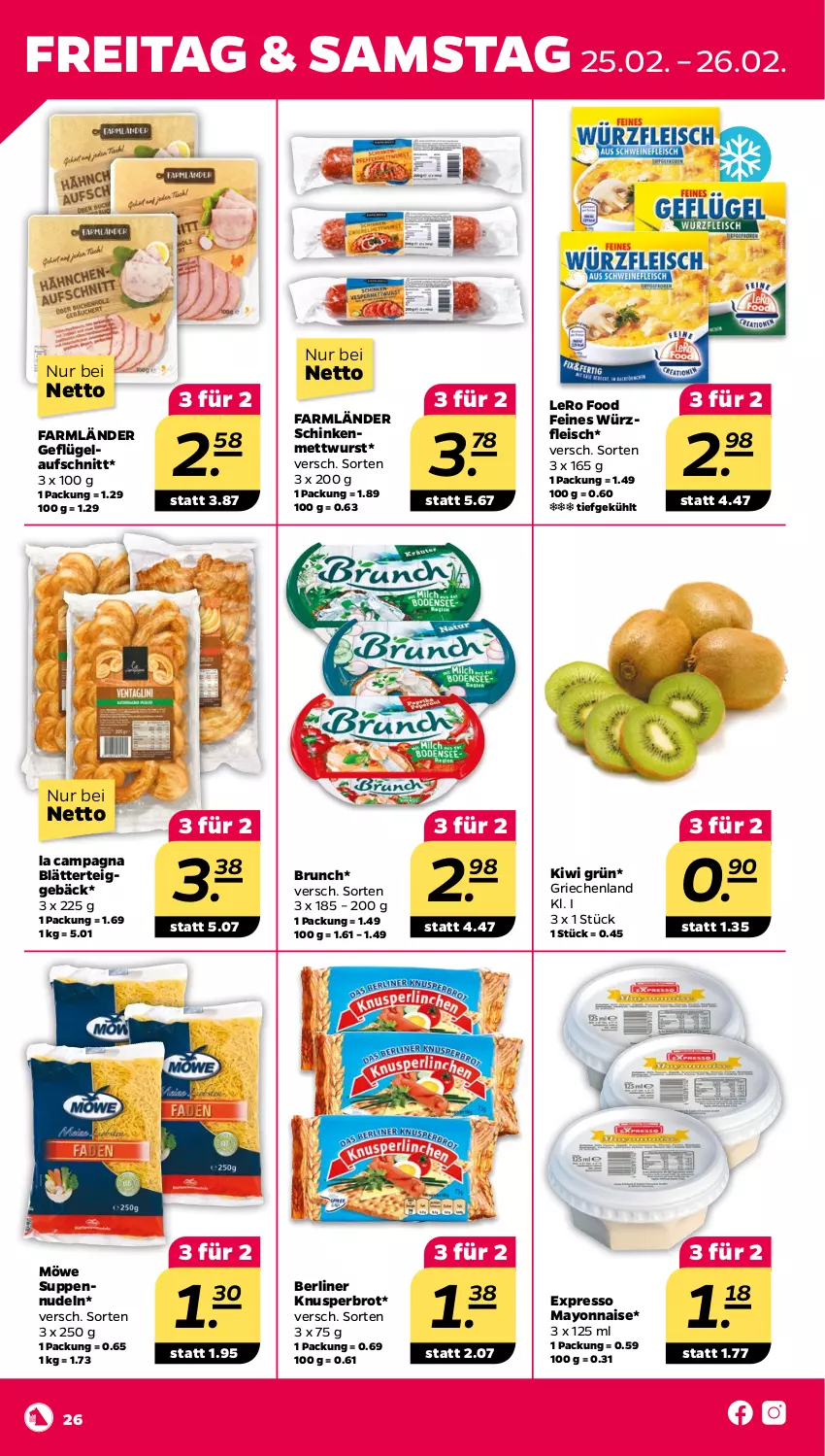 Aktueller Prospekt Netto - Angebote ab Montag - von 21.02 bis 26.02.2022 - strona 26 - produkty: aufschnitt, berliner, blätterteig, brot, eis, fleisch, Geflügel, kiwi, mayonnaise, Mett, mettwurst, nudel, nudeln, schinken, suppe, suppen, Ti, wurst, Yo