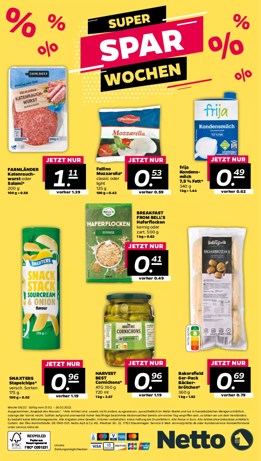 Aktueller Prospekt Netto - Angebote ab Montag - von 21.02 bis 26.02.2022 - strona 28 - produkty: alle artikel ohne dekoration, angebot, brötchen, chips, dekoration, eis, elle, hafer, kondensmilch, milch, mozzarella, Rauch, reis, rel, salami, Ti, wurst