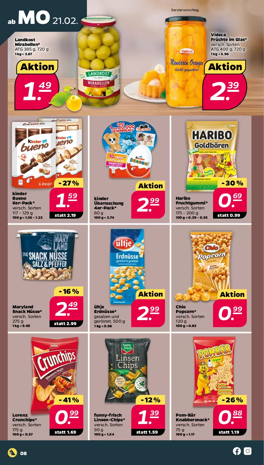 Aktueller Prospekt Netto - Angebote ab Montag - von 21.02 bis 26.02.2022 - strona 8 - produkty: chips, crunchips, elle, erdnüsse, frucht, früchte, fruchtgummi, funny-frisch, haribo, Kinder, kinder bueno, KnabberSnack, linsen, lorenz, lorenz crunchips, ndk, pom-bär, popcorn, salz, snack, Ti, ültje, ültje erdnüsse