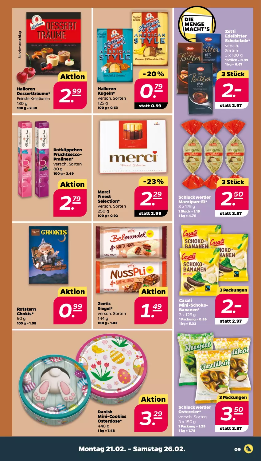 Aktueller Prospekt Netto - Angebote ab Montag - von 21.02 bis 26.02.2022 - strona 9 - produkty: banane, bananen, Casali, cookie, cookies, dessert, ecco, eier, erde, frucht, fruchtsecco, Kugel, marzipan, merci, pralinen, riegel, rotkäppchen, schoko, Schokobananen, schokolade, Ti, zentis