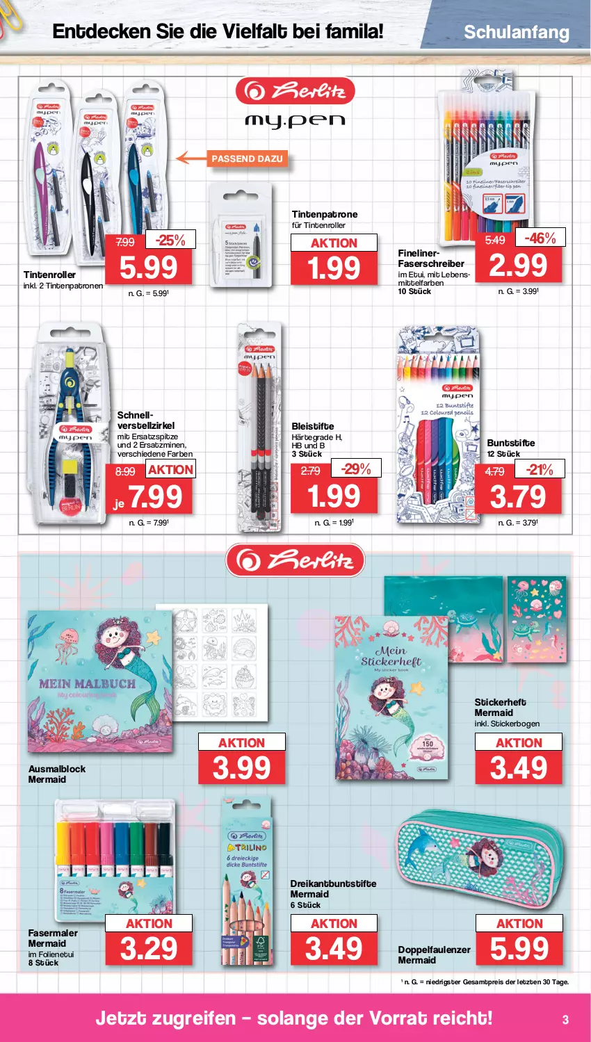 Aktueller Prospekt Famila - Prospekte - von 14.08 bis 31.08.2023 - strona 3 - produkty: Bleistift, bleistifte, buntstifte, decke, eis, fasermaler, Fineliner, lebensmittel, Lebensmittelfarbe, Malblock, nerf, reifen, reis, Roller, stifte, Ti, Tintenpatrone, ZTE