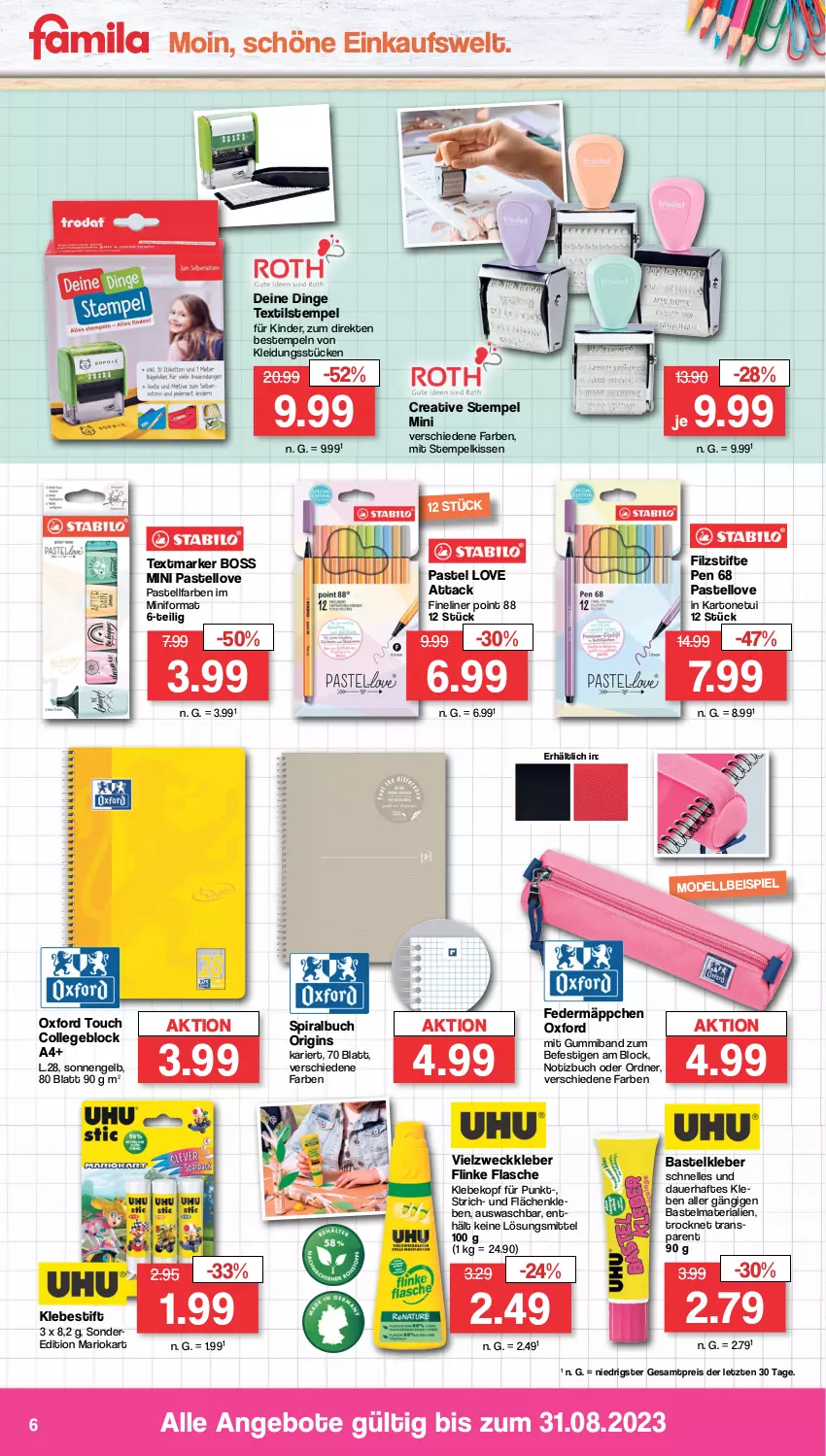 Aktueller Prospekt Famila - Prospekte - von 14.08 bis 31.08.2023 - strona 6 - produkty: angebot, angebote, auer, beko, boss, buch, collegeblock, eis, elle, Engel, Federmäppchen, Fineliner, flasche, Flinke Flasche, gin, Kinder, kissen, kleber, kleid, Kleidung, Mode, ordner, reis, Ria, stifte, textmarker, Ti, weck, ZTE