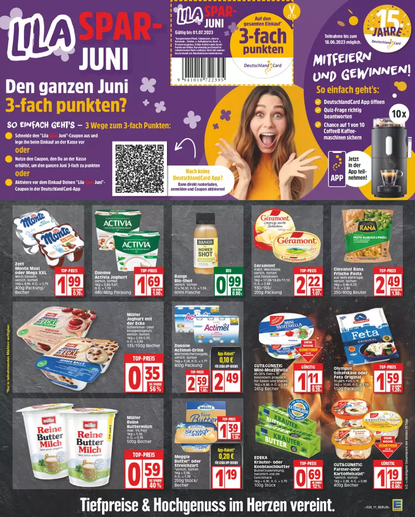 Aktueller Prospekt Edeka - Angebote der Woche - von 12.06 bis 17.06.2023 - strona 11 - produkty: actimel, activia, activia joghurt, basilico, Bau, Becher, beutel, bio, buch, butter, buttermilch, coupon, danone, deka, deutschlandcard, drink, eis, feta, flasche, gin, giovanni rana, gutschein, HP, joghur, joghurt, joghurt mit der ecke, kartoffel, kartoffelsalat, Käse, knoblauch, Knoblauchbutter, kräuter, LG, milch, monte, mozzarella, Müller, nuss, pesto, Rana, reis, rel, salat, salate, schafskäse, snack, snacks, tee, telefon, Ti, tiefpreis, tisch, top-preis, ZTE