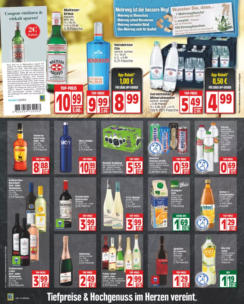 Aktueller Prospekt Edeka - Angebote der Woche - von 12.06 bis 17.06.2023 - strona 14 - produkty: akku, alkohol, Alwa, aqua, aquavit, asus, bio, bio limo, coupon, eier, eis, enders, erde, flasche, frucht, gallo, gin, kleiner feigling, leine, limo, malteser, mineralwasser, natürliches mineralwasser, nuss, orange, orangen, orangensaft, osborne, reis, rel, rotwein, rwe, saft, salz, sekt, sim, söhnlein, tee, Ti, tiefpreis, top-preis, veterano, vitrex, wasser, wein, weine, Weißwein, ZTE