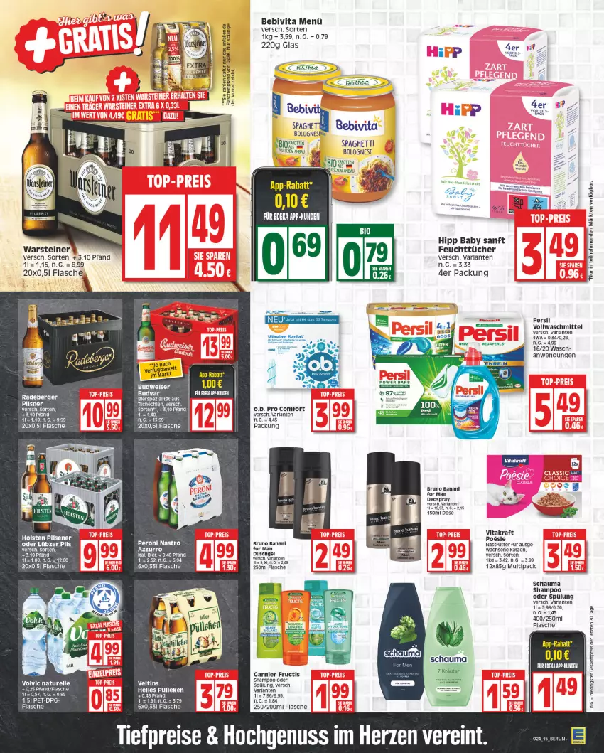 Aktueller Prospekt Edeka - Angebote der Woche - von 12.06 bis 17.06.2023 - strona 15 - produkty: arla, bebivita, bier, bio, bolognese, bruno banani, budweiser, deo, deospray, duschgel, eis, feuchttücher, flasche, fructis, garnier, hipp, holsten, holsten pilsener, kraft, Lübzer, mandel, nassfutter, nuss, O.b., Peroni, persil, pils, pilsener, Reinigung, reis, schauma, shampoo, shampoo oder spülung, spaghetti, spülung, steiner, tee, Ti, tiefpreis, tücher, vita, vitakraft, vollwaschmittel, warsteiner, waschmittel, ZTE