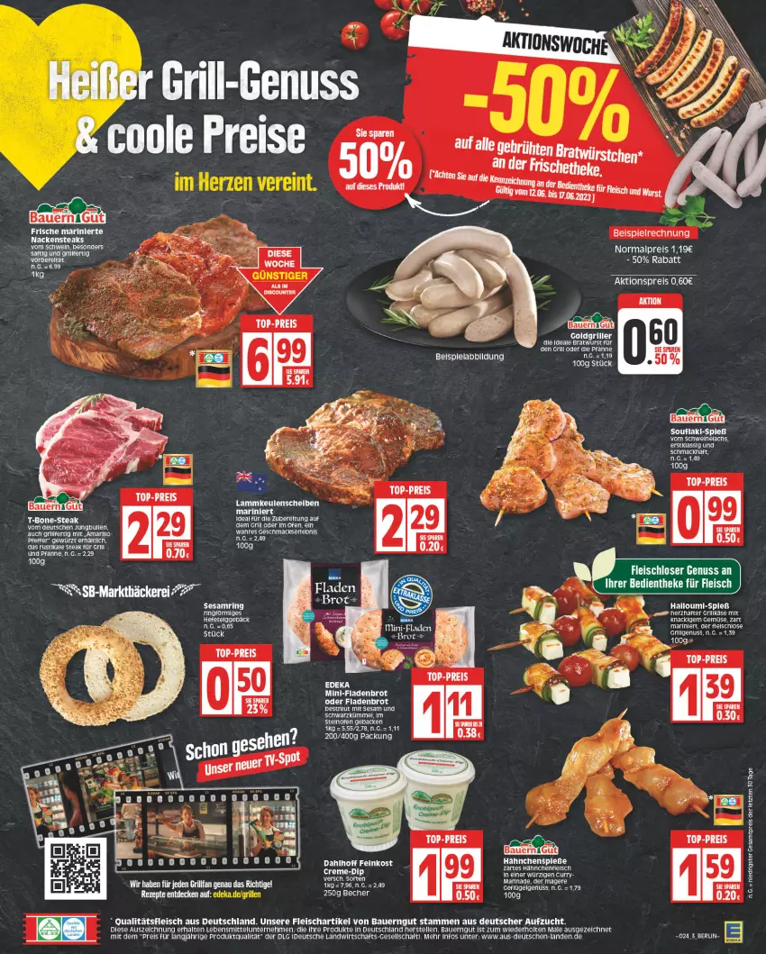 Aktueller Prospekt Edeka - Angebote der Woche - von 12.06 bis 17.06.2023 - strona 3 - produkty: aktionspreis, auer, ball, Bau, Bauer, bauerngut, beispielabbildung, bratwurst, brot, curry, eis, elle, Fladenbrot, fleisch, geback, gewürz, grill, Hähnchenfleisch, Halloumi, Hefe, jungbullen, Käse, lachs, lamm, lammkeule, lebensmittel, LG, mac, Nackensteak, nackensteaks, nuss, Ofen, pfanne, pfeffer, reis, ring, saft, schwein, sesam, Sesamring, steak, steaks, steinofen, tee, Ti, top-preis, und pfanne, wein, wurst, Yo, ZTE