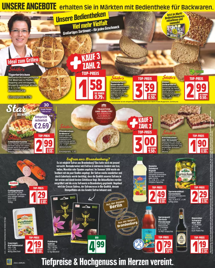 Aktueller Prospekt Edeka - Angebote der Woche - von 12.06 bis 17.06.2023 - strona 8 - produkty: auer, aufschnitt, backwaren, Bau, Bauer, Becher, brause, brot, brötchen, creme, deka, eis, elle, fassbrause, flasche, frucht, geback, Geflügel, gewürz, gurke, kartoffel, kartoffelsalat, Käse, kirsch, kirsche, kirschen, korn, Kornbrot, kuchen, LG, nuss, paprika, Pfannkuchen, pudding, reis, rwe, Safran, saft, salat, Spezi, Tasche, Ti, tiefpreis, top-preis, Tüte, wurst, ZTE, zwiebel, zwiebeln