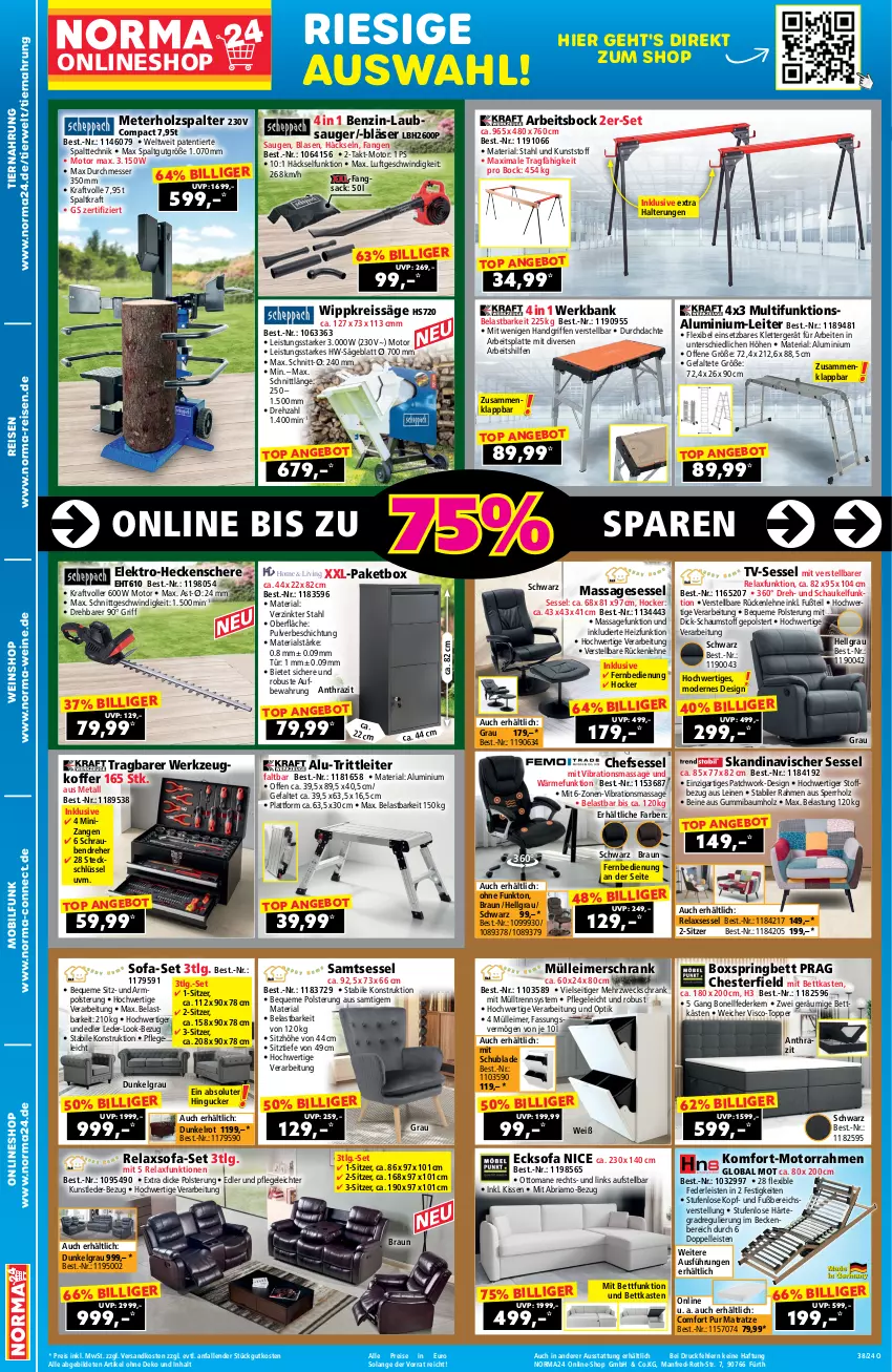 Aktueller Prospekt Norma - Norma - von 06.09 bis 22.09.2024 - strona 2 - produkty: angebot, arbeitsplatte, Bank, Bau, bett, bettkasten, braun, chefsessel, eckschrank, eimer, eis, Elektro, elle, federkern, fernbedienung, gefu, heckenschere, hocker, Holz, Holzspalter, kissen, koffer, kraft, latte, leimer, leine, LG, matratze, mehrzweckschrank, messer, Mode, Motorrahmen, ndk, reis, reiss, rel, relaxsessel, Ria, ring, rückenlehne, rwe, sac, säge, Schaukel, Schere, Schrank, schrauben, Schraubendreher, sessel, Sitzhöhe, Sofa, Ti, tiernahrung, topper, und bettkasten, weck, wein, weine, weinshop, werkzeug, Zangen