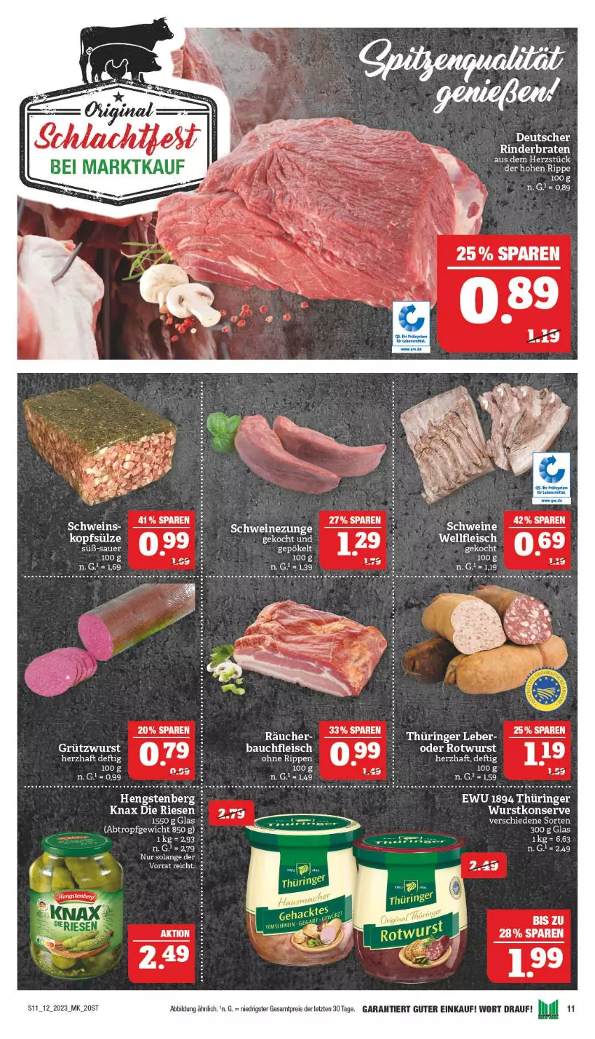 Aktueller Prospekt Marktkauf - Prospekt - von 19.03 bis 25.03.2023 - strona 11 - produkty: Bau, eis, fleisch, hengstenberg, reis, rel, ring, Rotwurst, schwein, schweine, Schweinezunge, tee, Ti, uhr, wein, weine, wurst, ZTE