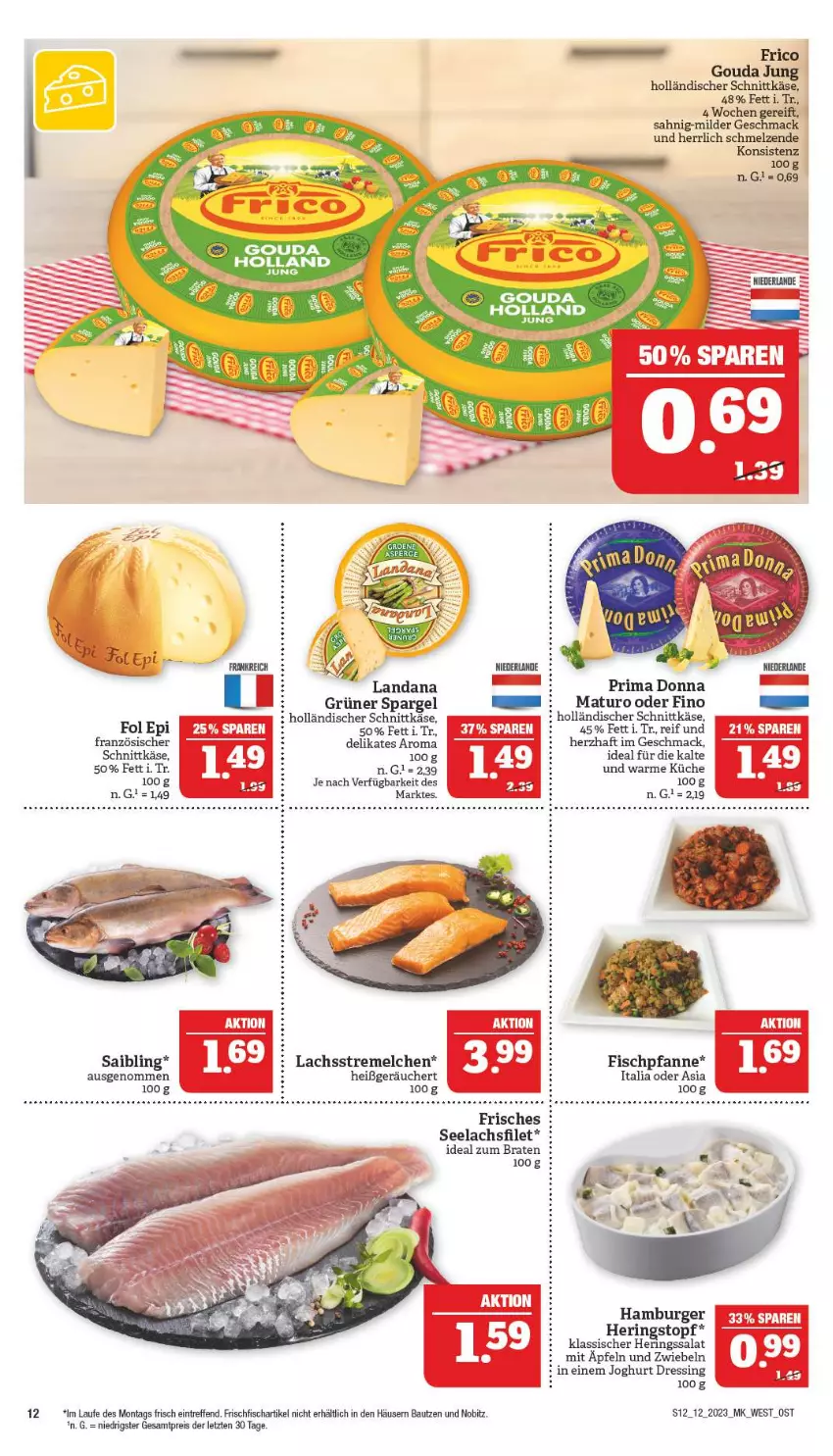 Aktueller Prospekt Marktkauf - Prospekt - von 19.03 bis 25.03.2023 - strona 12 - produkty: Bau, braten, burger, dressing, eis, filet, fisch, fol epi, frico, frischfisch, gouda, gouda jung, grüner spargel, hamburger, hering, Herings, holländischer schnittkäse, HP, ideal zum braten, joghur, joghurt, Käse, küche, lachs, lachsfilet, mac, pfanne, reis, ring, Saibling, schnittkäse, seelachsfilet, spargel, Ti, topf, ZTE, zwiebel, zwiebeln