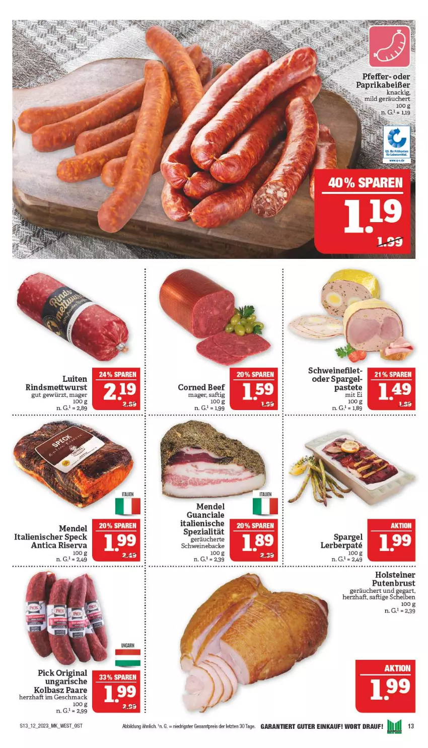 Aktueller Prospekt Marktkauf - Prospekt - von 19.03 bis 25.03.2023 - strona 13 - produkty: beef, corned beef, eis, filet, gewürz, gin, holsteiner, mac, Mett, mettwurst, paprika, pastete, pfeffer, pute, putenbrust, reis, rind, riserva, saft, schwein, schweine, schweinefilet, spargel, Speck, Spezi, steiner, Ti, wein, weine, wurst, ZTE