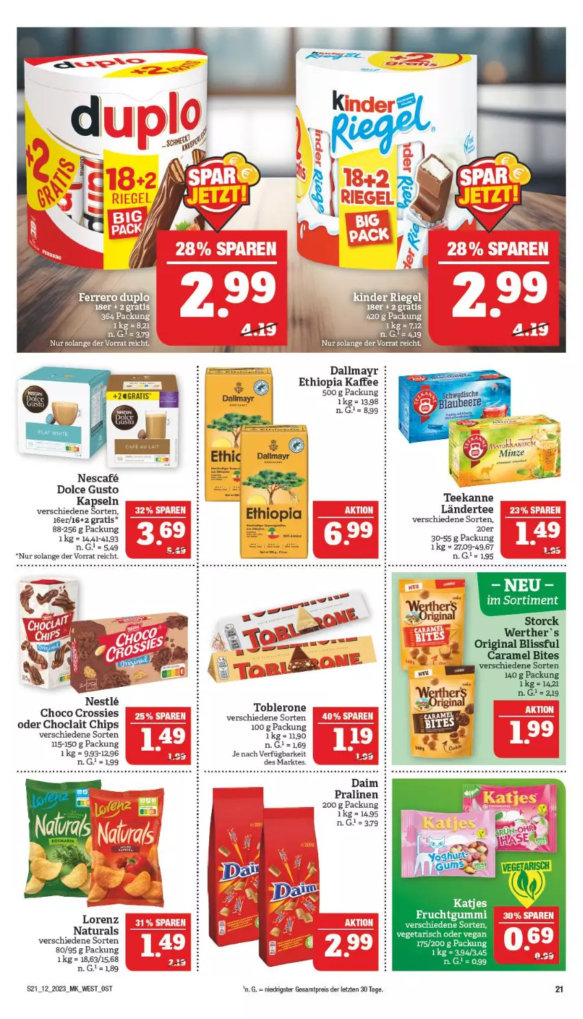 Aktueller Prospekt Marktkauf - Prospekt - von 19.03 bis 25.03.2023 - strona 21 - produkty: chips, choclait chips, choco crossies, crossies, daim, dallmayr, dolce gusto, eis, frucht, fruchtgummi, kaffee, Ländertee, lorenz, natur, natura, pralinen, reis, tee, Ti, Vegeta, ZTE