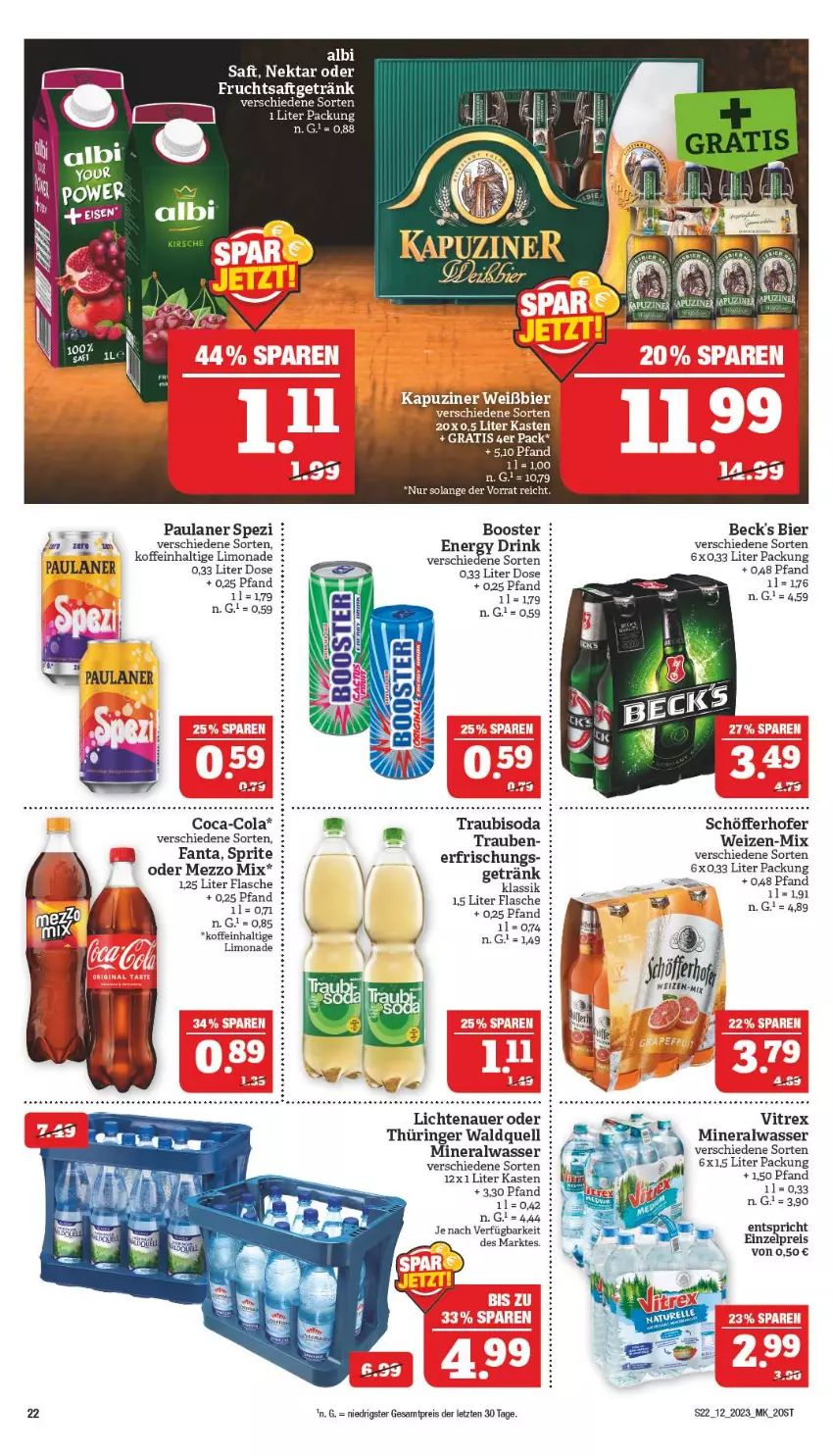 Aktueller Prospekt Marktkauf - Prospekt - von 19.03 bis 25.03.2023 - strona 22 - produkty: Alwa, auer, ball, beck's, bier, coca-cola, cola, drink, eis, fanta, flasche, frucht, fruchtsaft, fruchtsaftgetränk, getränk, lichtenauer, limo, limonade, Mezzo Mix, mineralwasser, Nektar, Paula, paulaner, reis, ring, saft, schöfferhofer, Soda, Spezi, sprite, Ti, trauben, Traubisoda, vitrex, wasser, ZTE