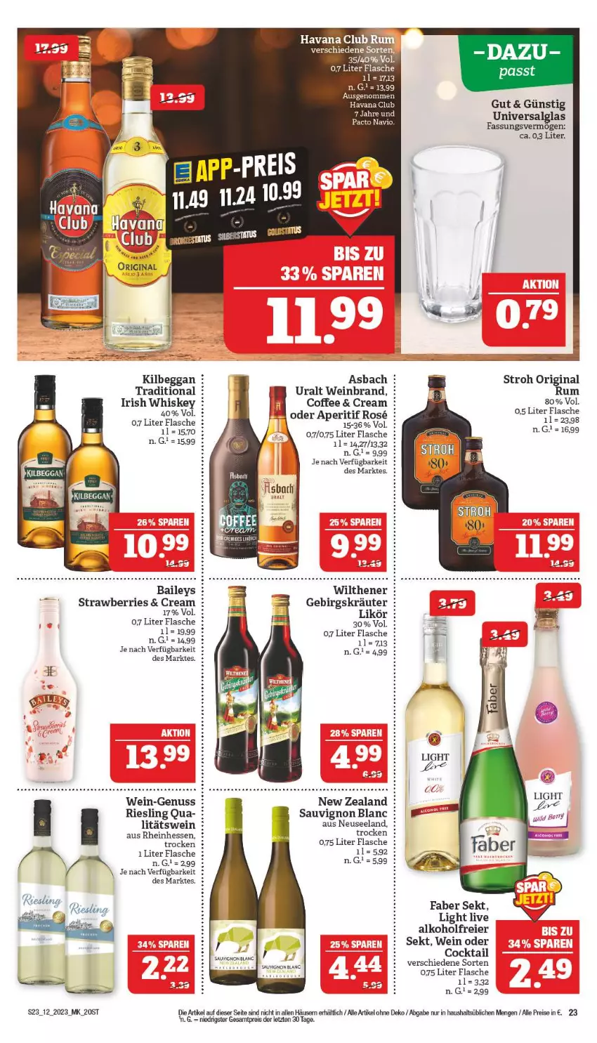 Aktueller Prospekt Marktkauf - Prospekt - von 19.03 bis 25.03.2023 - strona 23 - produkty: alkohol, aperitif, baileys, cocktail, eier, eis, Elan, flasche, gin, Havana Club, irish whiskey, kilbeggan, kräuter, likör, nuss, reis, riesling, rum, sauvignon, sauvignon blanc, sekt, Ti, wein, weinbrand, whiskey, wilthener, ZTE