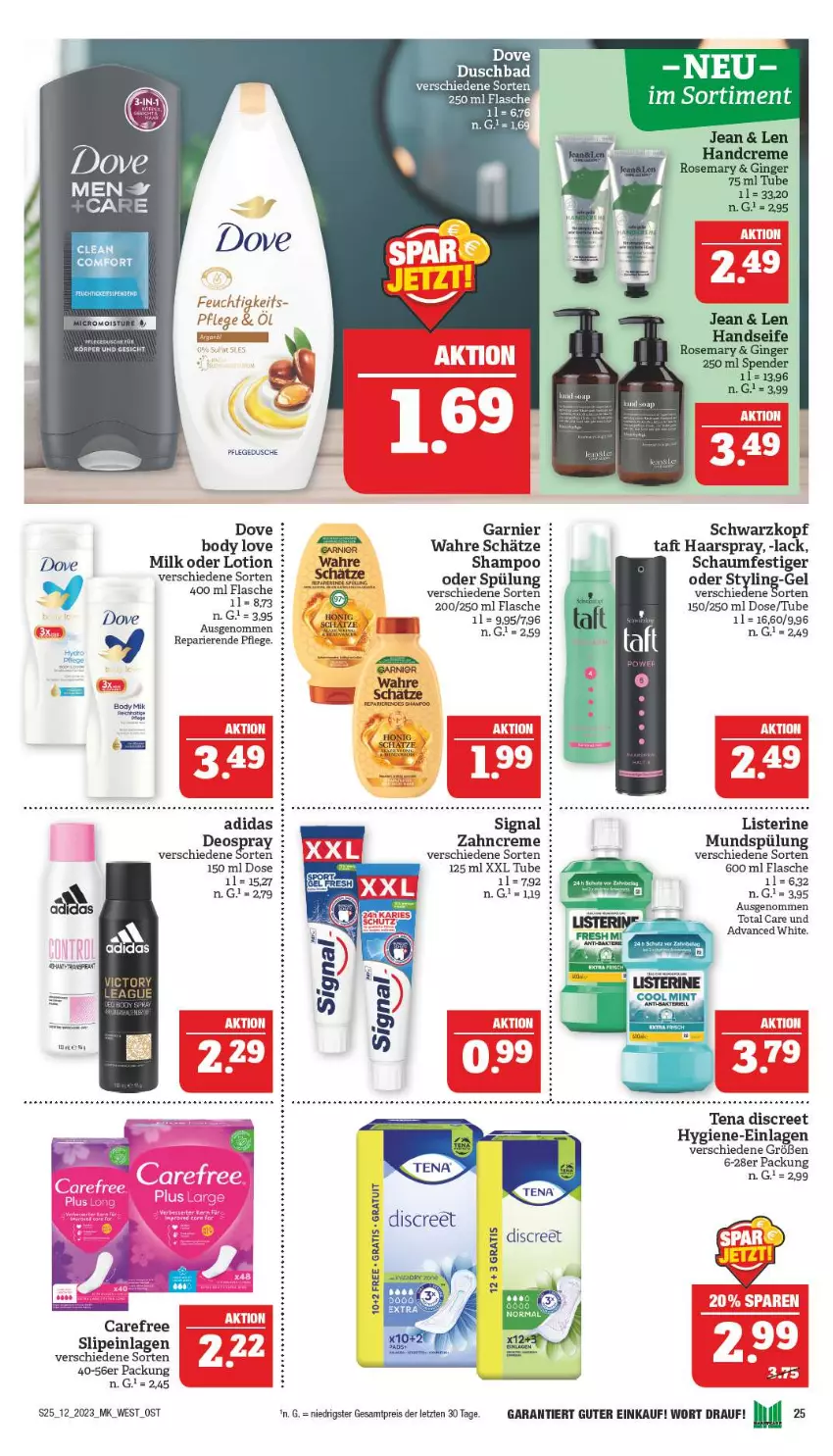 Aktueller Prospekt Marktkauf - Prospekt - von 19.03 bis 25.03.2023 - strona 25 - produkty: Adidas, body, carefree, creme, deo, deospray, Discreet, dove, dusche, eis, flasche, garnier, haarspray, honig, lack, listerine, Lotion, mundspülung, nikon, orange, pflegedusche, reis, schaumfestiger, schwarzkop, schwarzkopf, shampoo, Signal, slip, slipeinlagen, spülung, Taft, Ti, total care, Wahre Schätze, zahncreme, ZTE