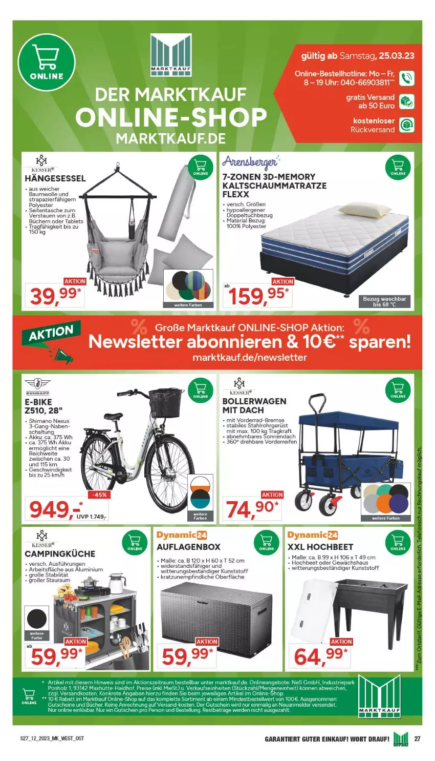 Aktueller Prospekt Marktkauf - Prospekt - von 19.03 bis 25.03.2023 - strona 27 - produkty: akku, auflagenbox, Bau, baumwolle, bollerwagen, E-Bike, Gewächshaus, hängesessel, kaltschaummatratze, kraft, küche, matratze, nexus, reifen, Ria, Schal, Schaummatratze, sessel, shimano, tablet, Tablets, Tasche, Ti, tuc, wolle