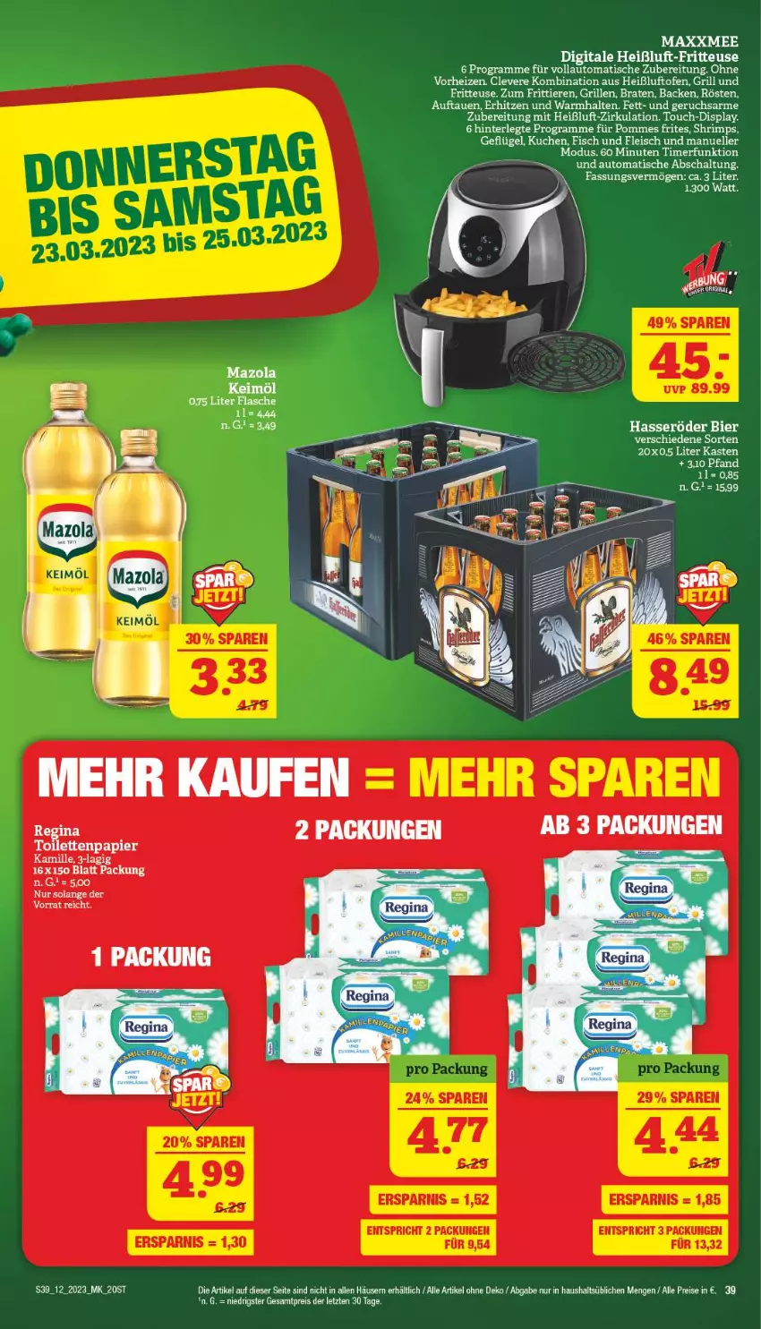 Aktueller Prospekt Marktkauf - Prospekt - von 19.03 bis 25.03.2023 - strona 39 - produkty: auto, bier, braten, eis, elle, fisch, fleisch, fritteuse, Geflügel, gin, grill, hasseröder, Kamill, kamille, keimöl, kuchen, mazola, Ofen, papier, pommes, Pommes Frites, reis, Schal, Ti, Tiere, timer, tisch, toilettenpapier