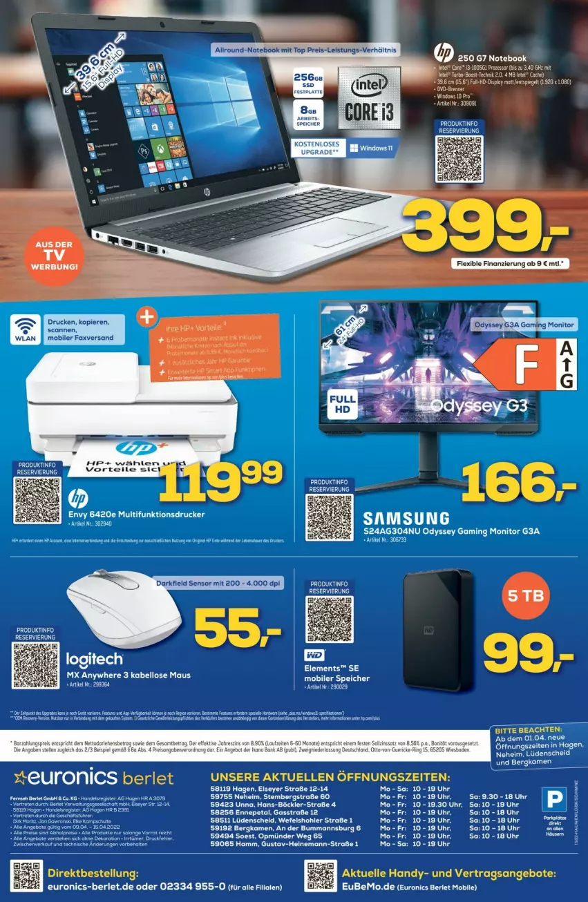 Aktueller Prospekt Euronics - Prospekte - von 13.04 bis 20.04.2022 - strona 12 - produkty: angebot, angebote, Bad, bett, Betten, drucker, eis, elle, Handy, HP, Intel, logitech, Maus, monitor, multifunktionsdrucker, notebook, reis, Samsung, tee, Ti, uhr