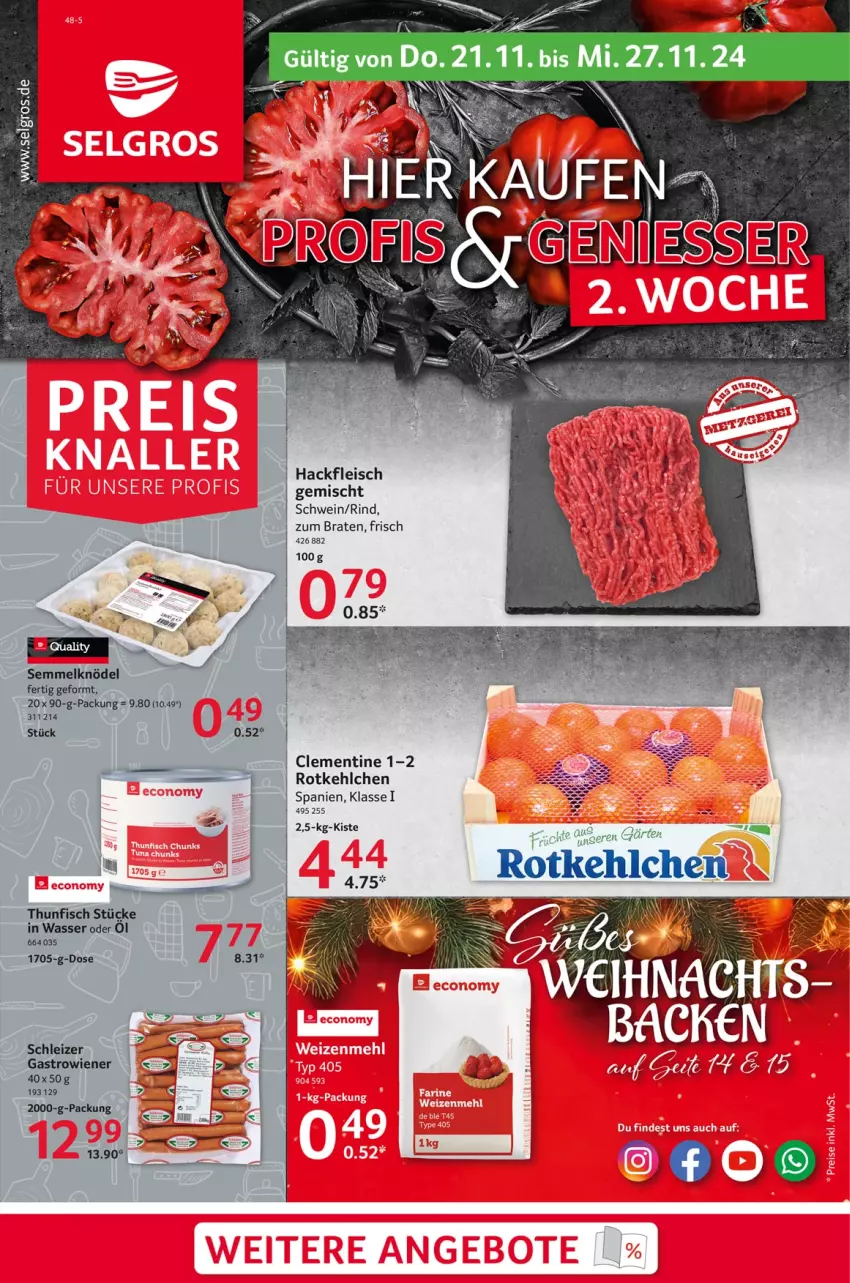 Aktueller Prospekt Selgros - Food - von 21.11 bis 27.11.2024 - strona 1 - produkty: braten, eis, fisch, fleisch, hackfleisch, hackfleisch gemischt, Knödel, rind, Rowi, schwein, Semmel, Semmelknödel, thunfisch, Ti, wasser, wein, wiener