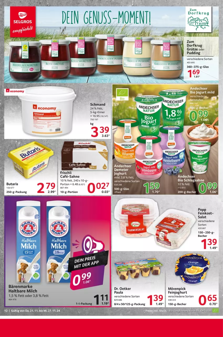 Aktueller Prospekt Selgros - Food - von 21.11 bis 27.11.2024 - strona 12 - produkty: Becher, bio, Dr. Oetker, eimer, feinjoghurt, feinkost, frischli, grütze, joghur, joghurt, mövenpick, natur, nuss, orange, Paula, Popp, pudding, sahne, salat, schmand, schoko, schokolade, schokoladen, Sylter, Ti, vanille