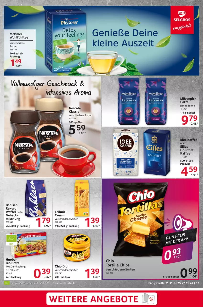 Aktueller Prospekt Selgros - Food - von 21.11 bis 27.11.2024 - strona 17 - produkty: bahlsen, beutel, bio, bohne, brezel, caffe, chips, dip, espresso, huober, kaffee, leibniz, mac, Meßmer, mövenpick, nescafe, tee, Ti, tisch, tortilla, Tortilla Chips