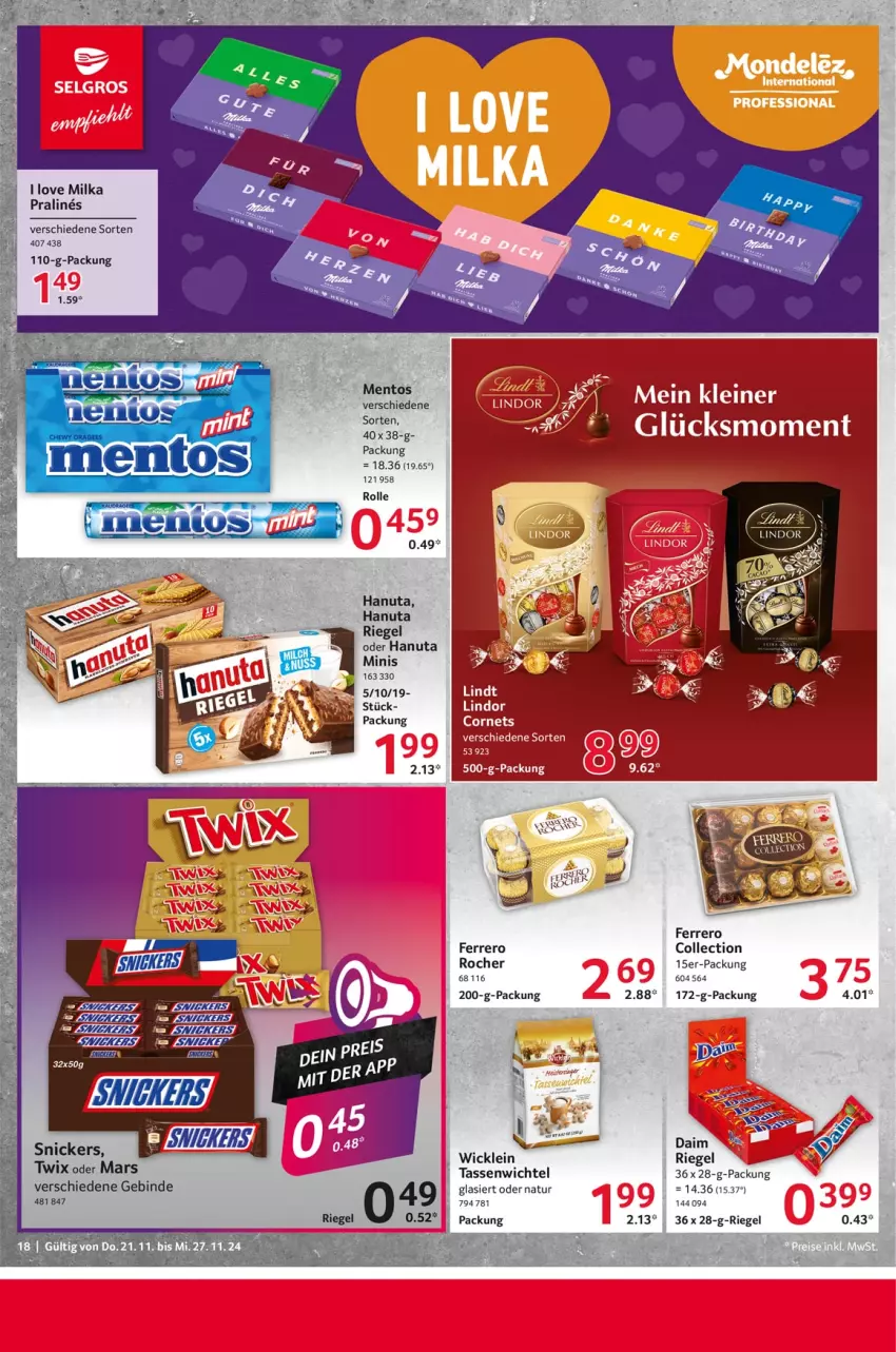 Aktueller Prospekt Selgros - Food - von 21.11 bis 27.11.2024 - strona 18 - produkty: daim, ferrero, Ferrero Rocher, hanuta, leine, lindor, mars, milka, natur, riegel, spee, tasse, Ti, twix, Wichtel, WICK