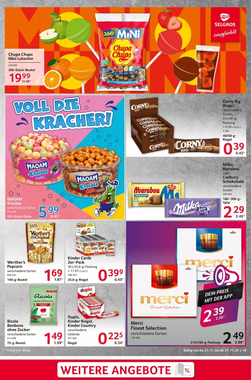 Aktueller Prospekt Selgros - Food - von 21.11 bis 27.11.2024 - strona 19 - produkty: beutel, bonbons, chupa, chupa chups, cola, duplo, Kinder, kinder country, kinder riegel, Lutscher, merci, popcorn, Ricola, riegel, Ti, zucker