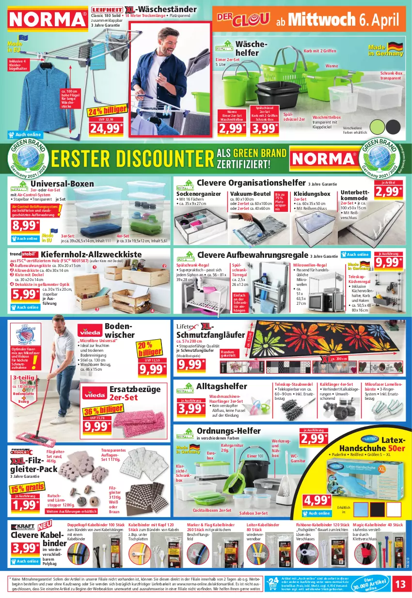 Aktueller Prospekt Norma - Norma - von 04.04 bis 11.04.2022 - strona 13 - produkty: Bau, Bebe, bett, beutel, Bodenplatte, bodenwischer, braun, bügel, bürste, cocktail, decke, Deckel, dell, eimer, eis, elle, ente, fisch, garnitur, gin, handschuhe, Holz, HP, Kehrgarnitur, Kette, kleid, kleider, kleiderbügel, Kleidung, kommode, korb, küche, Küchen, Küchenregal, küchenrolle, küchenrollen, lamm, latte, Läufer, LG, mikrofaser, mikrowelle, Mode, ndk, pril, regal, Reinigung, reis, rwe, Schrank, schuhe, schüssel, socken, Spiele, staubwedel, Teleskop, Ti, tisch, tischplatte, Tischplatten, topf, topper, Wanne, waschmaschine, waschmaschinen, waschmittel, weck, wedel, werkzeug, ZTE