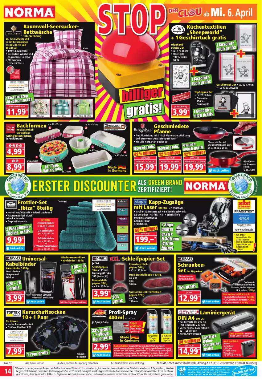 Aktueller Prospekt Norma - Norma - von 04.04 bis 11.04.2022 - strona 14 - produkty: Aktenvernichter, Backform, Bau, baumwolle, Bebe, bett, bettwäsche, Brei, Cap, decke, Deckel, dell, din a4, edelstahl, eis, elle, ente, Frottier-Set, Garten, Gästetücher, geschirr, geschirrtuch, gin, handschuhe, handtücher, herdarten, Kette, kissen, Kissenbezug, küche, Küchen, Kurzschaftsocken, latte, lebensmittel, LG, Mode, ndk, Ofen, papier, pfanne, pfannen, pflaume, Pflegespray, pril, reifen, reine baumwolle, reiniger, reis, riegel, ring, rwe, sac, säge, Schleifpapier, schrauben, schuhe, seersucker, socken, Spezi, Spiele, Ti, tisch, topf, tuc, tücher, wolle