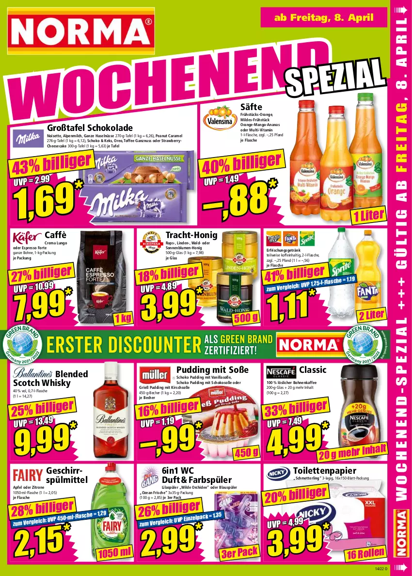 Aktueller Prospekt Norma - Norma - von 04.04 bis 11.04.2022 - strona 15 - produkty: alpenmilch, ananas, apfel, Becher, blended scotch, blended scotch whisky, blume, blumen, bohne, bohnen, bohnenkaffee, caramel, cheesecake, eis, erfrischungsgetränk, espresso, flasche, ganze haselnüsse, geschirr, geschirrspülmittel, getränk, honig, kaffee, keks, kirsch, löslicher bohnenkaffee, lungo, mango, Mett, milch, nuss, oder espresso, orange, orchidee, oreo, papier, pril, pudding, säfte, Schmetterling, schoko, schokolade, scotch, scotch whisky, sonnenblume, sonnenblumen, Soße, spülmittel, Ti, toilettenpapier, vita, whisky, Wild, zitrone