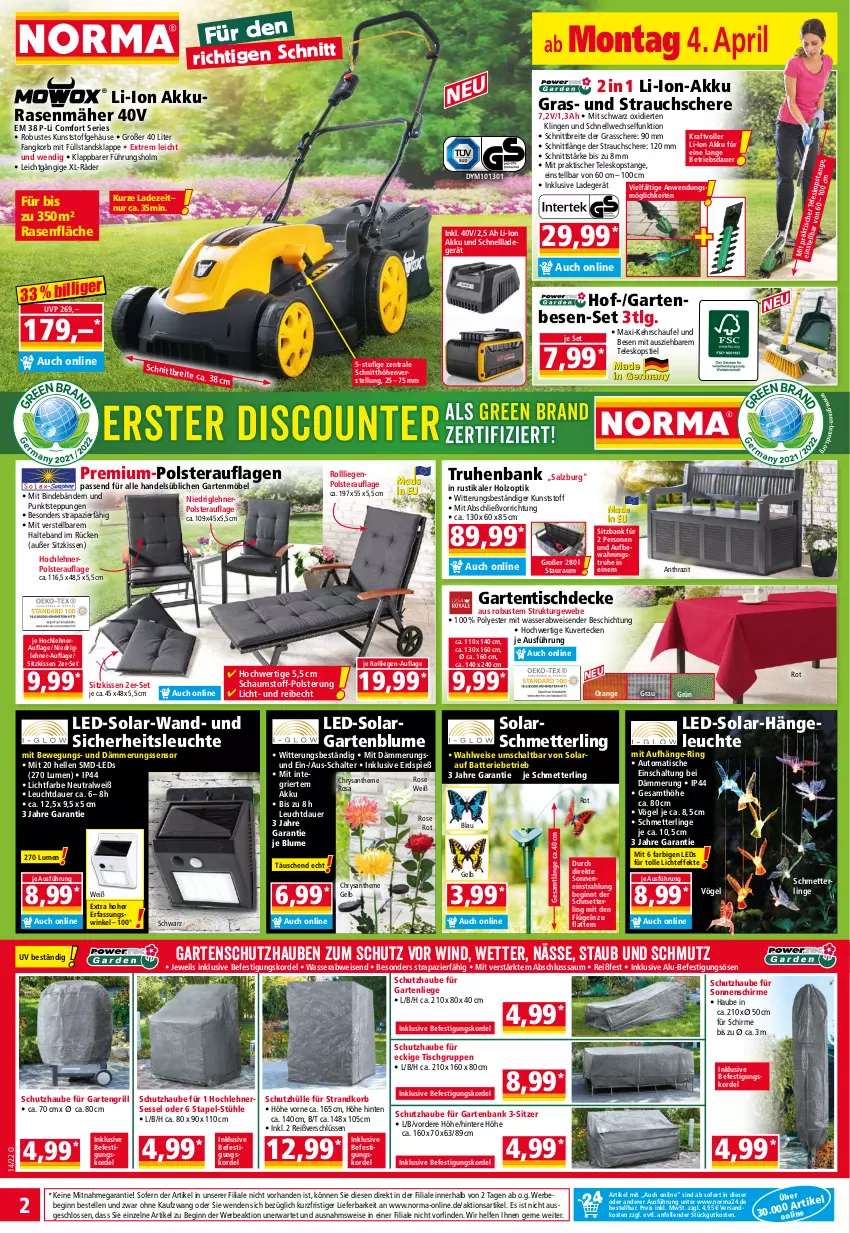 Aktueller Prospekt Norma - Norma - von 04.04 bis 11.04.2022 - strona 2 - produkty: akku, auer, auto, Bank, batterie, Bebe, blume, Brei, decke, eis, elle, Garten, gartenbank, gartenliege, gartenmöbel, gartentisch, gin, Grasschere, grill, gsw, Hängeleuchte, Holz, kissen, korb, kraft, ladegerät, latte, leds, Leuchte, LG, li-ion-akku, Liege, Mett, möbel, ndk, orange, passend für alle, pril, rasen, rasenmäher, Rauch, reis, ring, salz, Schal, Schere, schirme, Schmetterling, schnellladegerät, schutzhülle, senf, sessel, sitzbank, sitzkissen, sonnenschirm, strandkorb, Strauchschere, Stühl, Teleskop, teleskopstiel, Ti, tisch, tischdecke, wasser