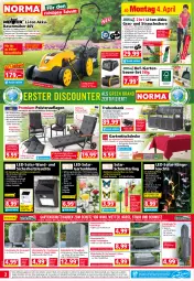 Gazetka promocyjna Norma - Norma - Gazetka - ważna od 11.04 do 11.04.2022 - strona 2 - produkty: akku, auer, auto, Bank, batterie, Bebe, blume, Brei, decke, eis, elle, Garten, gartenbank, gartenliege, gartenmöbel, gartentisch, gin, Grasschere, grill, gsw, Hängeleuchte, Holz, kissen, korb, kraft, ladegerät, latte, leds, Leuchte, LG, li-ion-akku, Liege, Mett, möbel, ndk, orange, passend für alle, pril, rasen, rasenmäher, Rauch, reis, ring, salz, Schal, Schere, schirme, Schmetterling, schnellladegerät, schutzhülle, senf, sessel, sitzbank, sitzkissen, sonnenschirm, strandkorb, Strauchschere, Stühl, Teleskop, teleskopstiel, Ti, tisch, tischdecke, wasser