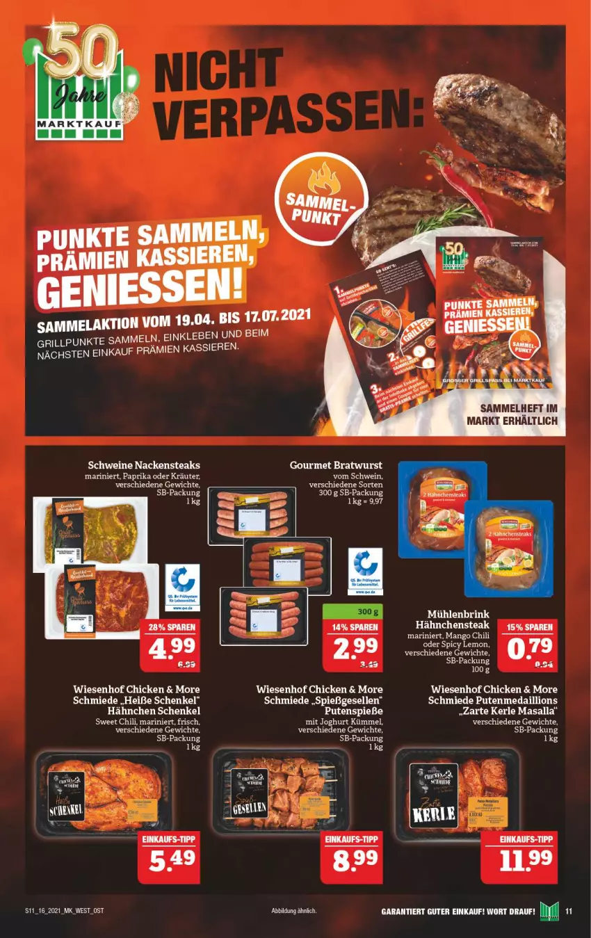 Aktueller Prospekt Marktkauf - Prospekt - von 18.04 bis 24.04.2021 - strona 11 - produkty: bratwurst, chili, eis, elle, grill, Hähnchensteak, henkel, kräuter, lion, mango, Nackensteak, nackensteaks, oder kräuter, paprika, pute, schenkel, schwein, schweine, steak, steaks, Ti, wein, weine, wiesenhof, wurst