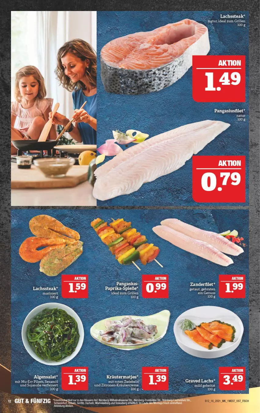 Aktueller Prospekt Marktkauf - Prospekt - von 18.04 bis 24.04.2021 - strona 12 - produkty: braten, creme, filet, fisch, Graved Lachs, grill, ideal zum grillen, kräuter, lachs, LG, natur, Pangasius, pilze, schwein, sesam, Sesamöl, soja, Soße, steak, Ti, wein, Zander, zitrone, zitronen, zwiebel, zwiebeln