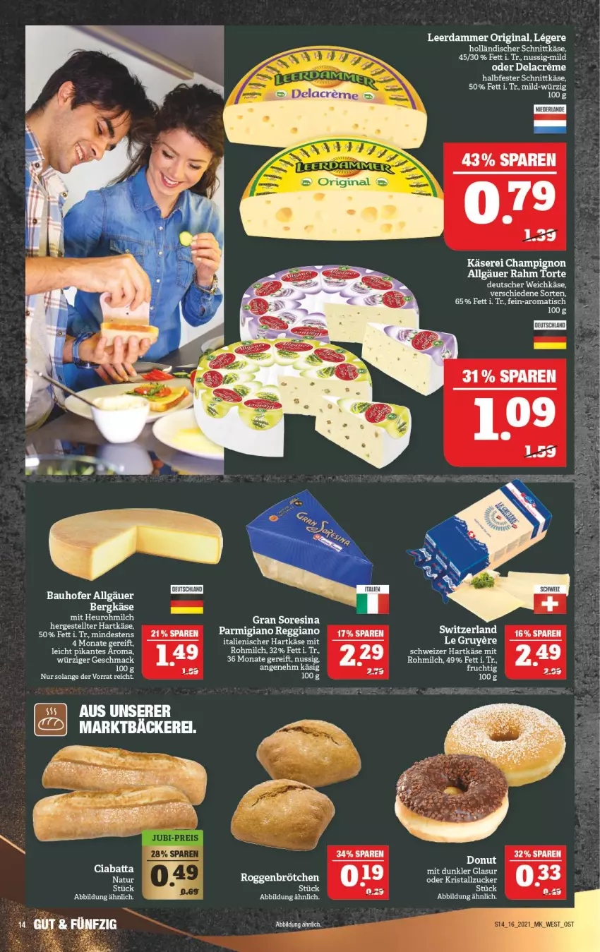 Aktueller Prospekt Marktkauf - Prospekt - von 18.04 bis 24.04.2021 - strona 14 - produkty: Bau, Bergkäse, brötchen, champignon, deutscher weichkäse, Donut, frucht, halbfester schnittkäse, hartkäse, holländischer schnittkäse, italienischer hartkäse, Käse, LG, mac, milch, natur, nuss, parmigiano, reggiano, roggenbrötchen, schnittkäse, schweizer hartkäse, Ti, tisch, torte, weichkäse, zucker