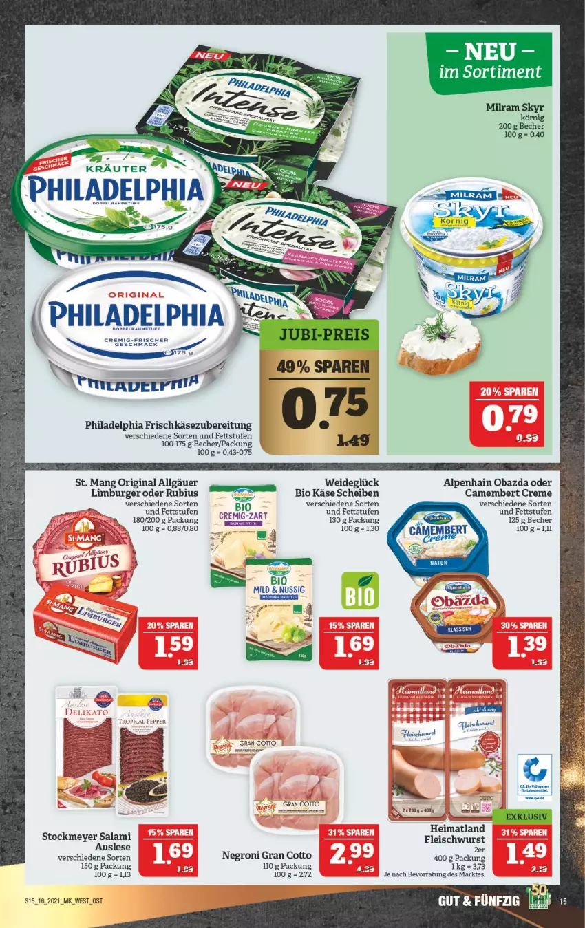 Aktueller Prospekt Marktkauf - Prospekt - von 18.04 bis 24.04.2021 - strona 15 - produkty: Alpenhain, Becher, bio, burger, camembert, camembert creme, creme, eis, fleisch, fleischwurst, frischkäse, frischkäsezubereitung, gin, Käse, kräuter, LG, Limburger, milram, obazda, philadelphia, Rubius, salami, Skyr, St. Mang, stockmeyer, Ti, wurst