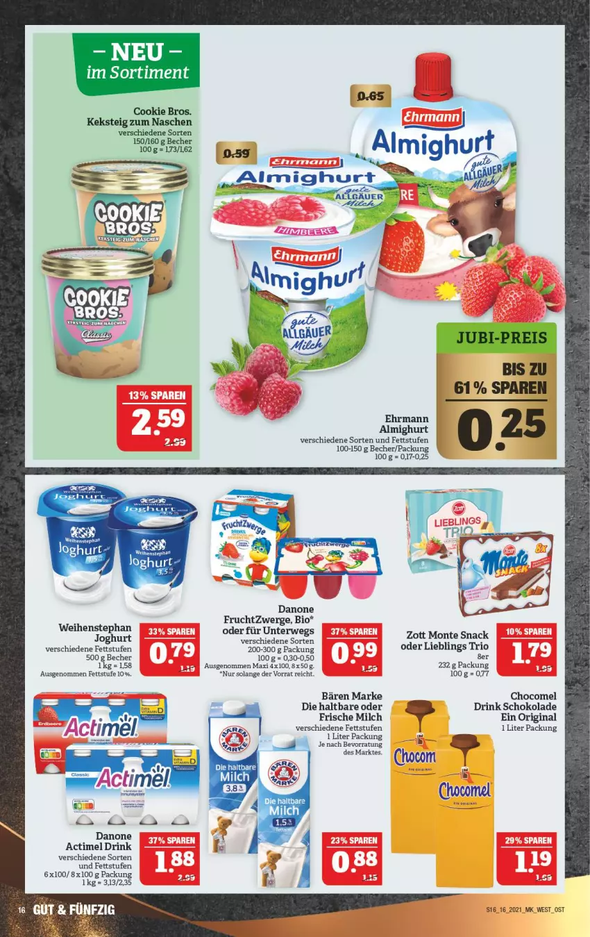 Aktueller Prospekt Marktkauf - Prospekt - von 18.04 bis 24.04.2021 - strona 16 - produkty: actimel, actimel drink, almighur, almighurt, Becher, bio, cookie, danone, danone actimel drink, danone fruchtzwerge, drink, ehrmann, ehrmann almighurt, frische milch, frucht, fruchtzwerge, gin, joghur, joghurt, keks, milch, monte, rwe, schoko, schokolade, snack, Ti, weihenstephan, zott, Zott Monte