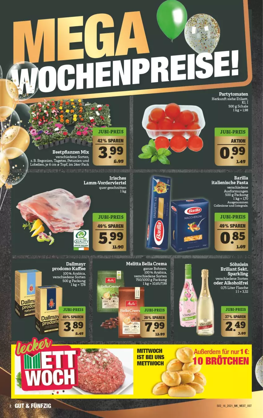 Aktueller Prospekt Marktkauf - Prospekt - von 18.04 bis 24.04.2021 - strona 2 - produkty: alkohol, barilla, beetpflanzen, Begonie, bellacrema, brillant sekt, dallmayr, Elan, flasche, gin, italienische pasta, kaffee, lamm, Lobelie, melitta, natur, pasta, petunie, petunien, pflanze, pflanzen, prodomo, rel, Schal, Schale, schnitten, sekt, söhnlein, tomate, tomaten, topf