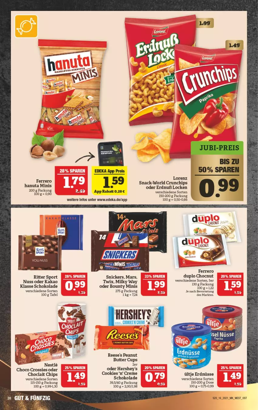 Aktueller Prospekt Marktkauf - Prospekt - von 18.04 bis 24.04.2021 - strona 20 - produkty: bounty, butter, chips, choclait chips, choco crossies, cookie, cookies, creme, crossies, crunchips, deka, duplo, eis, erdnüsse, ferrero, hanuta, kakao, lorenz, mars, milky way, nuss, peanut butter, Reese's, reis, ritter, ritter sport, schoko, schokolade, snack, snickers, Sport, twix, ültje, ültje erdnüsse, WICK