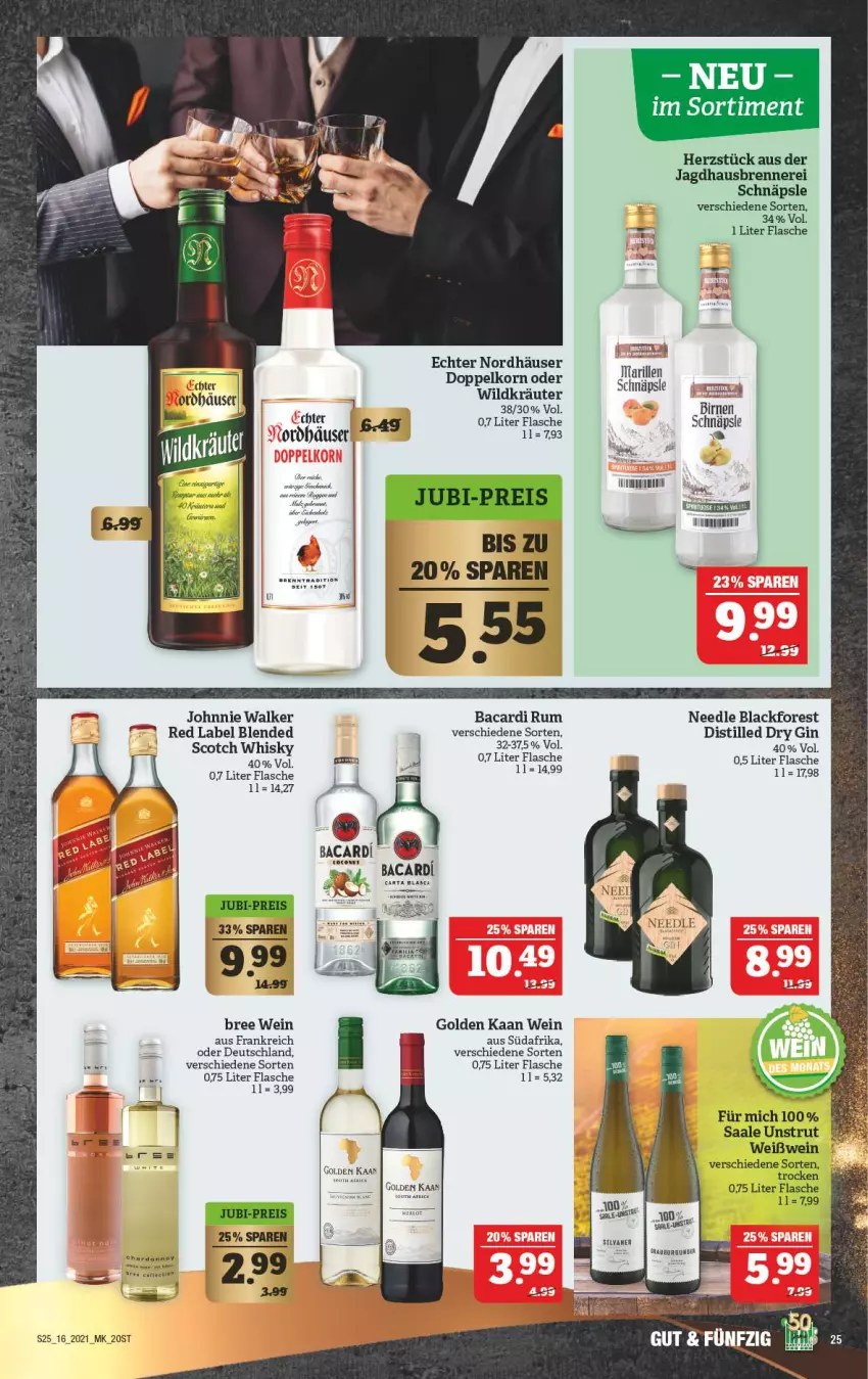 Aktueller Prospekt Marktkauf - Prospekt - von 18.04 bis 24.04.2021 - strona 25 - produkty: bacardi, bacardi rum, Birnen, bree, doppelkorn, dry gin, flasche, gin, johnnie walker, korn, kräuter, lack, rum, scotch, scotch whisky, silvaner, Ti, usb, wein, Weißwein, whisky, Wild