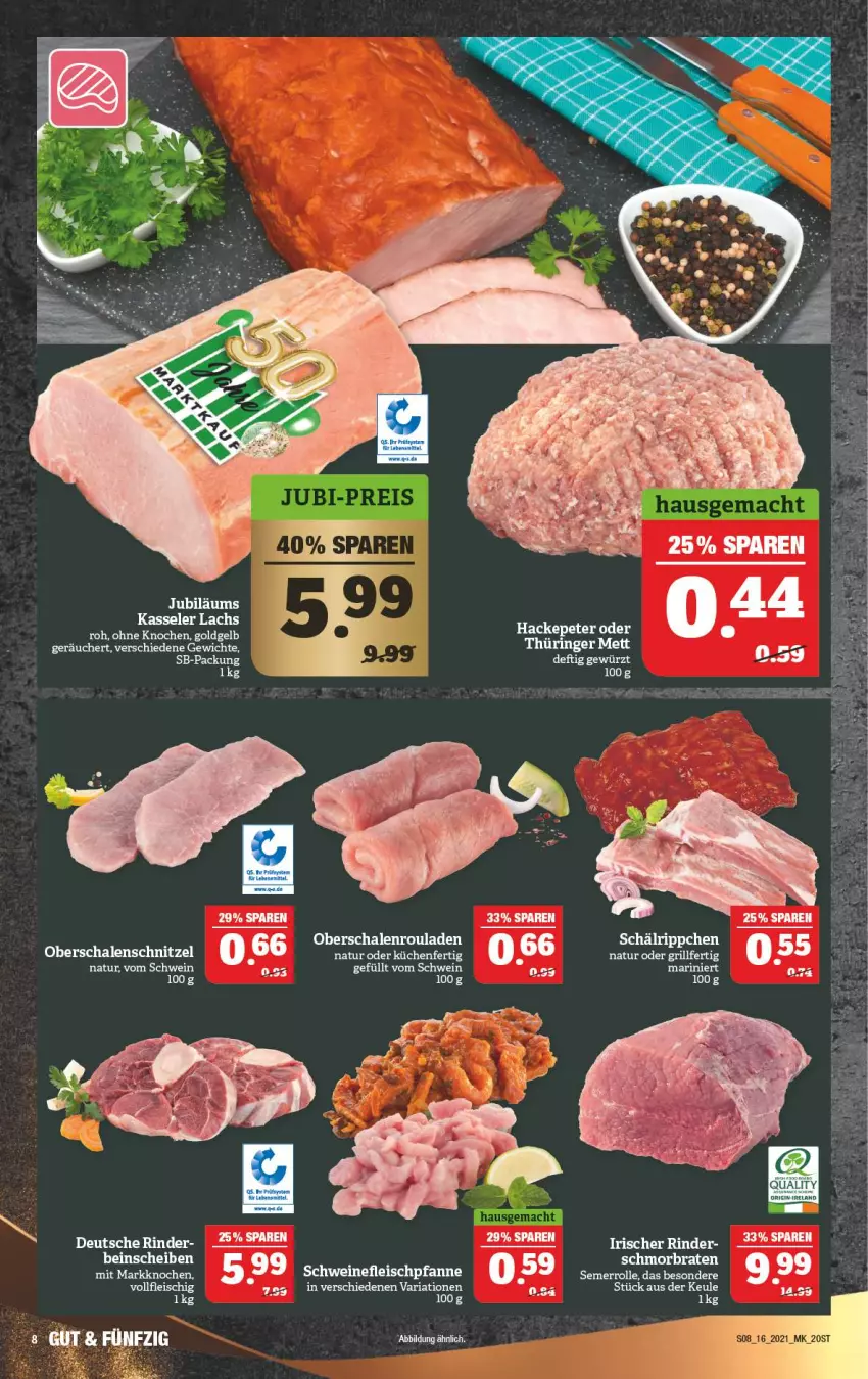 Aktueller Prospekt Marktkauf - Prospekt - von 18.04 bis 24.04.2021 - strona 8 - produkty: braten, eis, grill, Jubiläums, kasseler, küche, Küchen, lachs, Mett, natur, Oberschalenrouladen, Ria, ring, rouladen, Schal, Schale, schmorbraten, schnitzel, schwein, Ti, wein