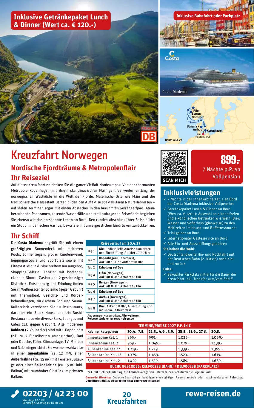 Aktueller Prospekt Rewe Reisen - Reiseprospekt - von 26.06 bis 31.07.2026 - strona 20 - produkty: alkohol, angebot, auer, Bad, balkonkabine, bett, Betten, bier, Brei, buch, decke, diadem, drink, drinks, dusche, eis, elle, ente, fenster, getränk, getränke, gin, Glastür, harman, inklusivleistungen, kreuzfahrten, Liege, Metro, Mode, natur, Persona, pool, reis, reiseverlauf, rel, Rhus, rwe, sonnenliege, Sport, steak, Sushi, Thea, Ti, uhr, wasser, wein