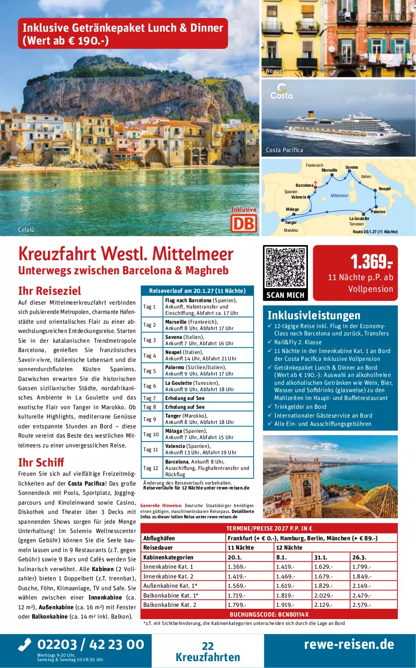 Aktueller Prospekt Rewe Reisen - Reiseprospekt - von 26.06 bis 31.07.2026 - strona 22 - produkty: alkohol, auer, balkonkabine, Bau, bett, bier, binden, buch, Cif, drink, drinks, dusche, eis, elle, ente, erde, fenster, getränk, getränke, gin, harman, inklusivleistungen, kreuzfahrten, mars, Metro, pool, reis, reiseverlauf, rel, rwe, Sport, Thea, Ti, tisch, uhr, wasser, wein