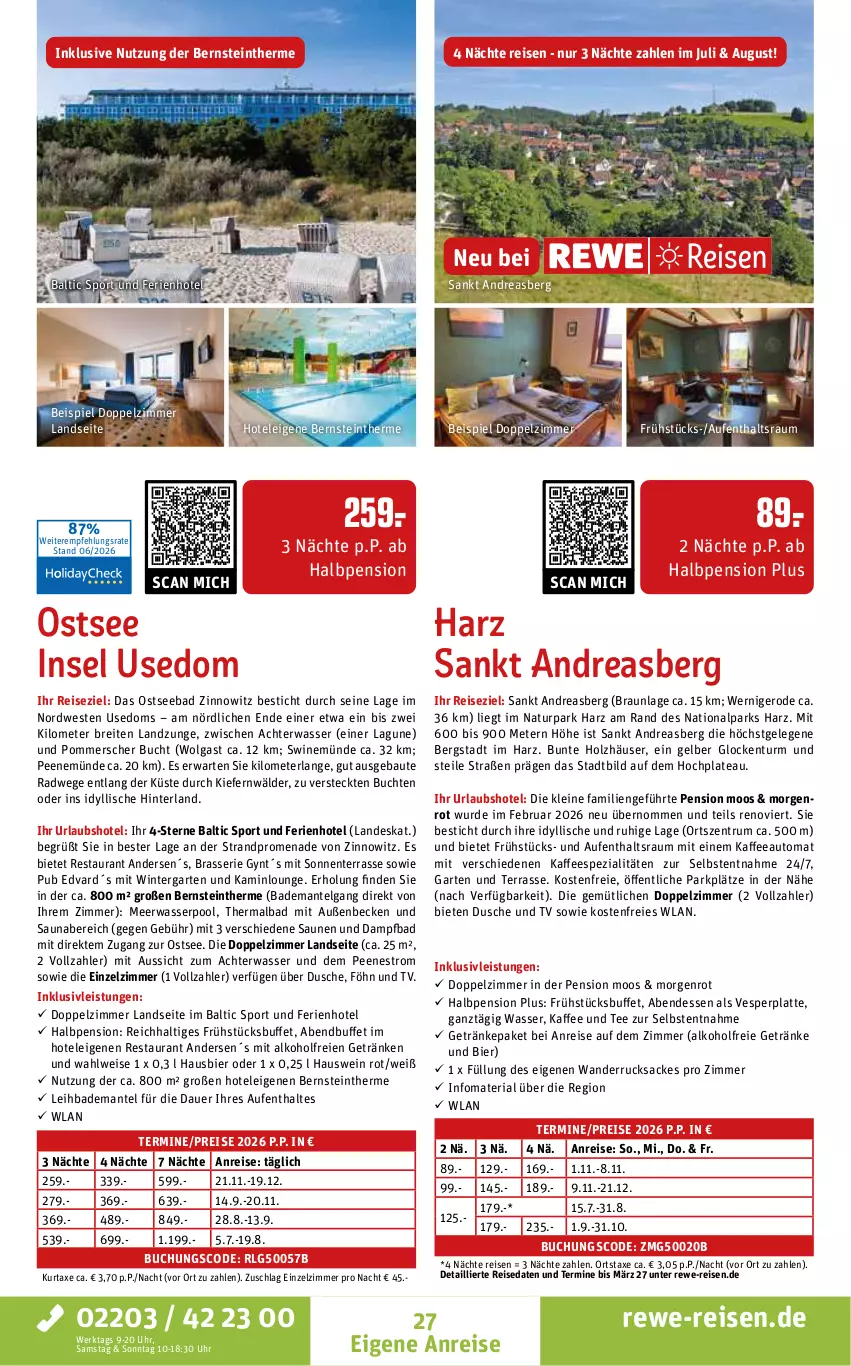 Aktueller Prospekt Rewe Reisen - Reiseprospekt - von 26.06 bis 31.07.2026 - strona 27 - produkty: alkohol, alkoholfreie getränke, auer, auto, axe, Bad, Bademantel, Bau, bier, braun, Brei, buch, dusche, eis, ente, Garten, getränk, getränke, Holz, HP, inklusivleistungen, kaffee, kaffeeautomat, kaffeespezialitäten, Kamin, kurtaxe, latte, leine, LG, Mantel, Meerwasser, natur, Pommersche, pool, reis, Ria, rucksack, rum, sac, Spezi, Sport, tee, Ti, uhr, usb, wasser, wein, Weste
