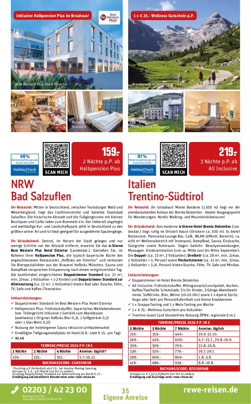 Aktueller Prospekt Rewe Reisen - Reiseprospekt - von 26.06 bis 31.07.2026 - strona 35 - produkty: aperol, asti, auer, axe, Bad, Bademantel, bett, bier, bierspezialitäten, buch, burger, drink, drinks, dusche, eis, elle, getränk, gin, grappa, gutschein, HP, hugo, inklusivleistungen, innenpool, kaffee, Kinder, küche, kuchen, kurtaxe, leine, Mantel, Mode, monte, Mountainbike, pool, rama, reis, rwe, salz, schoko, schokolade, sekt, snack, Spezi, tee, teller, Ti, uhr, wein, weine, wellnessbereich, Weste