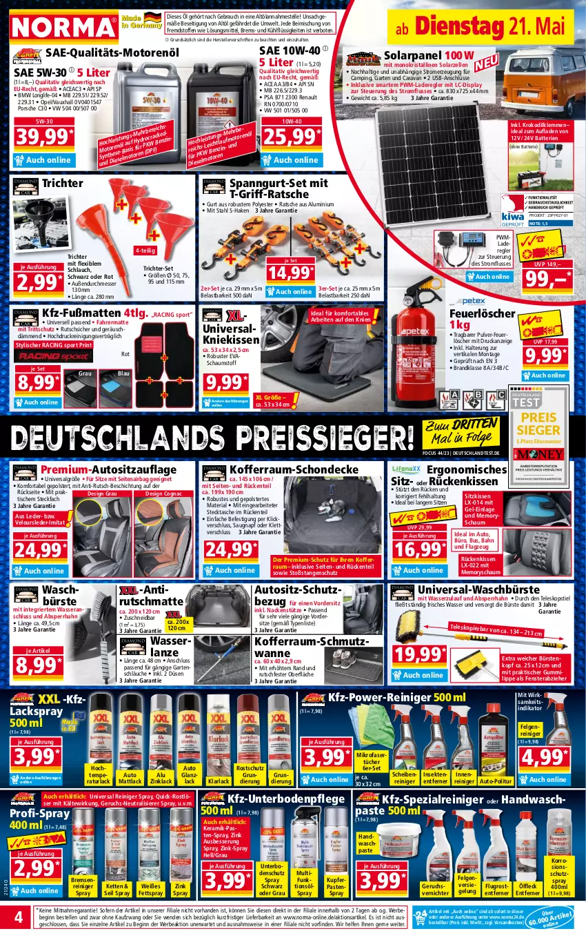 Aktueller Prospekt Norma - Norma - von 21.05 bis 28.05.2024 - strona 4 - produkty: arla, auto, batterie, batterien, Bebe, bürste, bürsten, cin, Cognac, decke, eis, elle, ente, felgen, Felgenreiniger, fenster, Fußmatte, Garten, gin, HP, Kette, kissen, Kniekissen, koffer, lack, LG, longlife, messer, mikrofaser, motorenöl, ndk, Rauch, reiniger, Reinigung, reis, reiss, Ria, Rückenkissen, sac, schlauch, schläuche, sekt, Sitzauflage, sitzkissen, Spezi, Sport, Tasche, Teleskop, teleskopstiel, teller, Ti, tisch, tücher, usb, Wanne, wasser