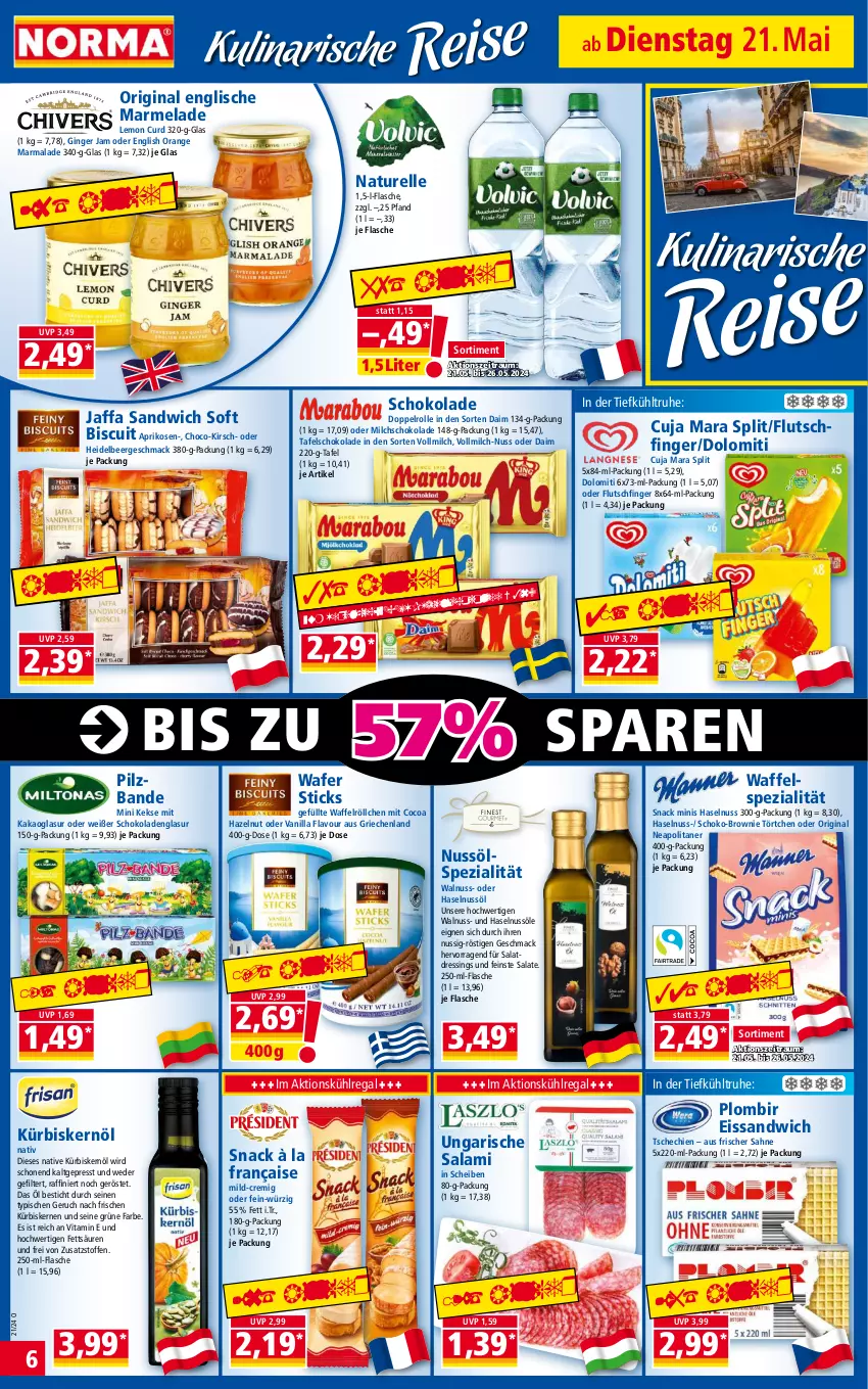 Aktueller Prospekt Norma - Norma - von 21.05 bis 28.05.2024 - strona 6 - produkty: aprikose, aprikosen, brownie, daim, dressing, eis, elle, flasche, gin, ginger, haselnuss, kakao, keks, kekse, kirsch, kühlregal, Kürbis, kürbiskerne, Kürbiskernöl, mac, marmelade, milch, natur, nuss, orange, regal, rel, sahne, salami, salat, salatdressing, salate, sandwich, schoko, schokolade, schokoladen, snack, Spezi, tafelschokolade, Ti, Törtchen, Ungarische Salami, vita, vollmilch, Waffelröllchen, walnuss