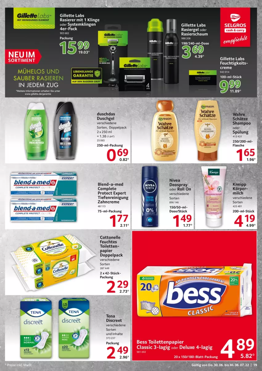 Aktueller Prospekt Selgros - Food - von 30.06 bis 06.07.2022 - strona 19 - produkty: cottonelle, creme, deo, deospray, Discreet, duschdas, duschgel, elle, flasche, gillette, honig, milch, nivea, papier, rasierer, rasiergel, Rasierschaum, Reinigung, Systemklingen, Ti, Yo