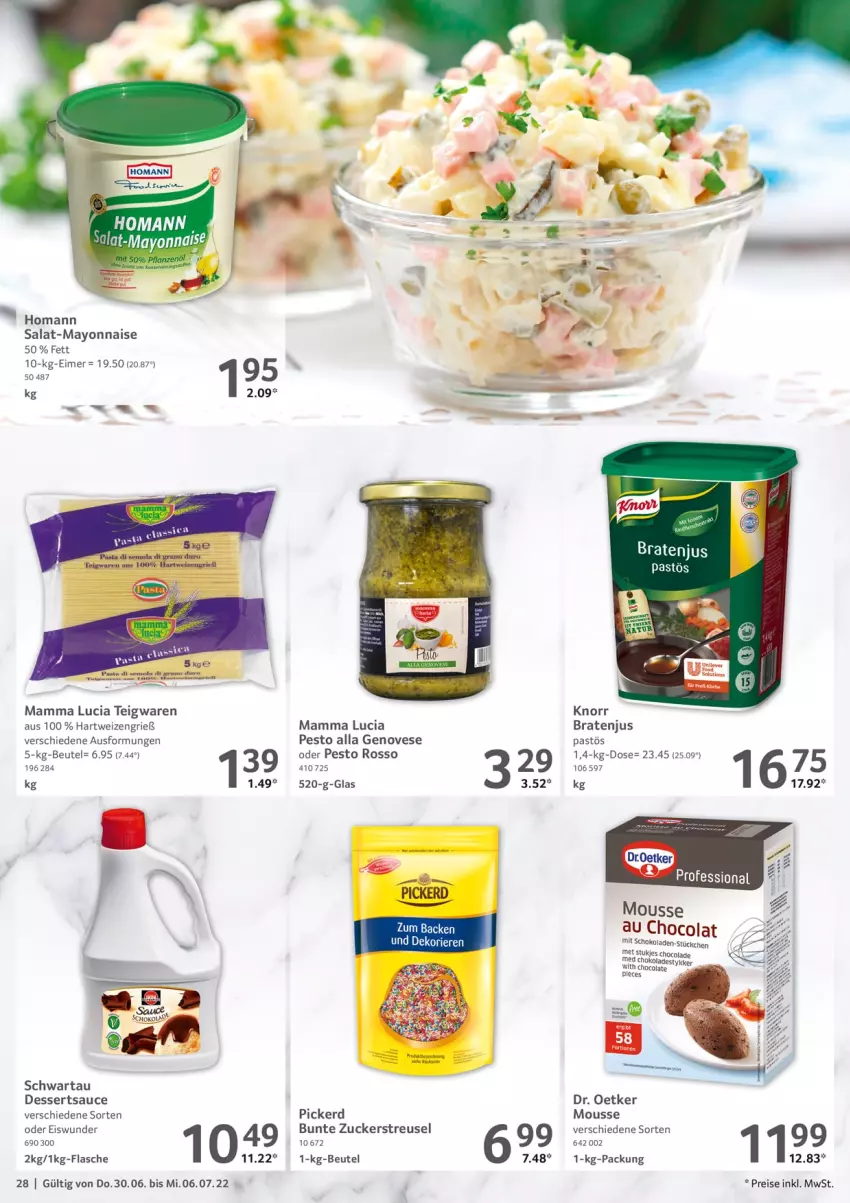 Aktueller Prospekt Selgros - Food - von 30.06 bis 06.07.2022 - strona 28 - produkty: beutel, braten, cola, dessert, desserts, dessertsauce, Dr. Oetker, eimer, eis, flasche, genovese, hartweizen, homann, knorr, mam, mayonnaise, mousse, oxo, pesto, reis, salat, sauce, schoko, schokolade, schokoladen, Schwartau, sim, teigwaren, Ti, Yo, zucker